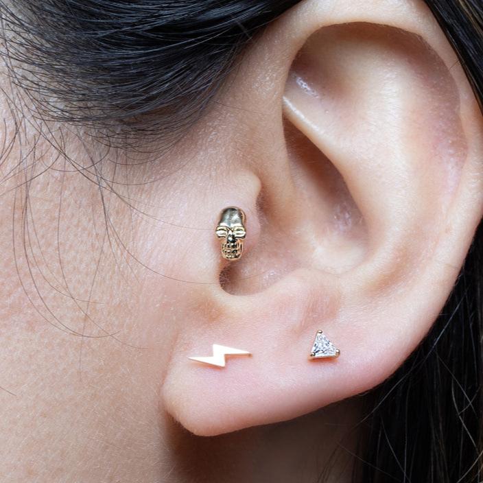 Minimalist Skull Flat Back Stud in Solid 14k Yellow Gold