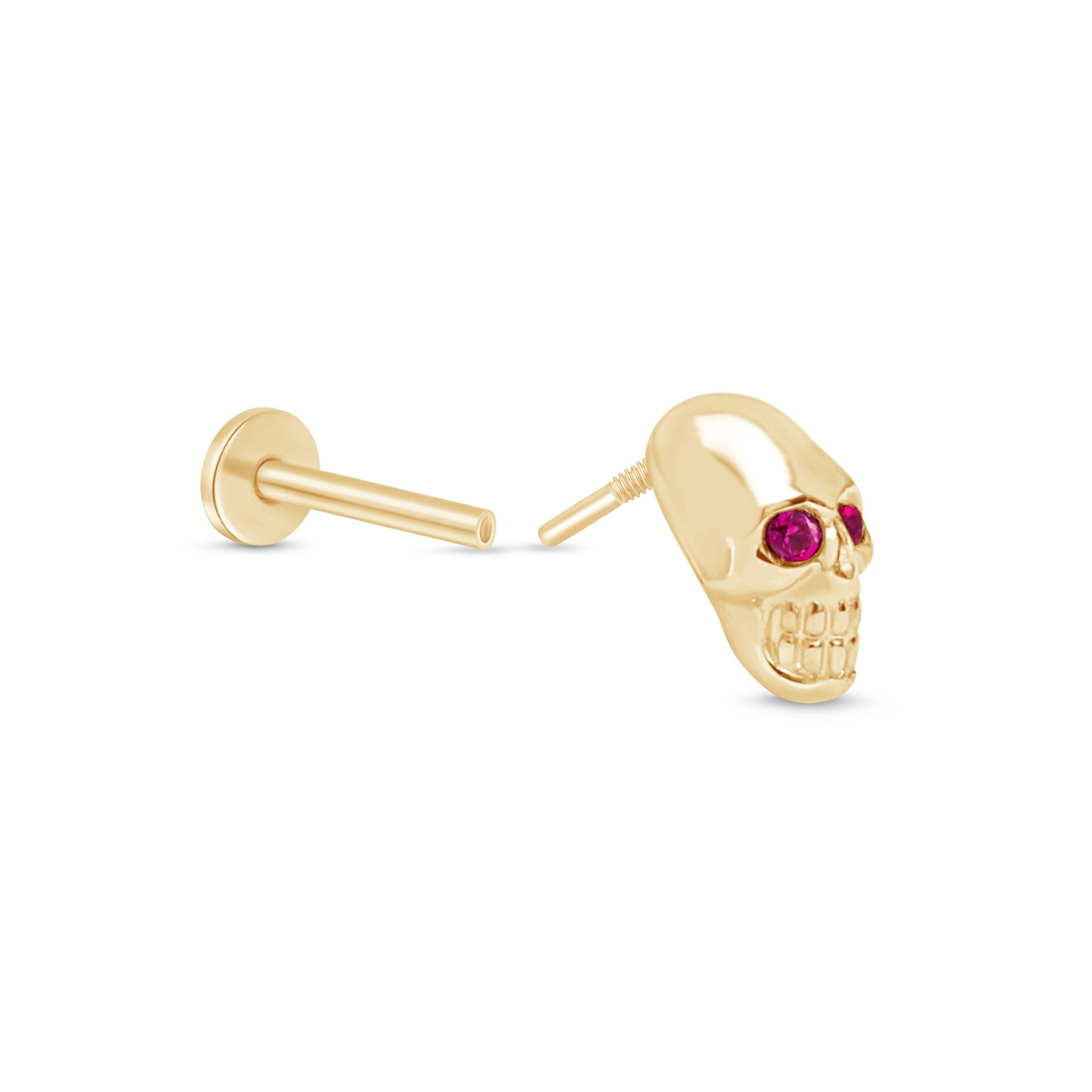 Ruby Eye Skull Flat Back Stud in Solid 14k Yellow Gold