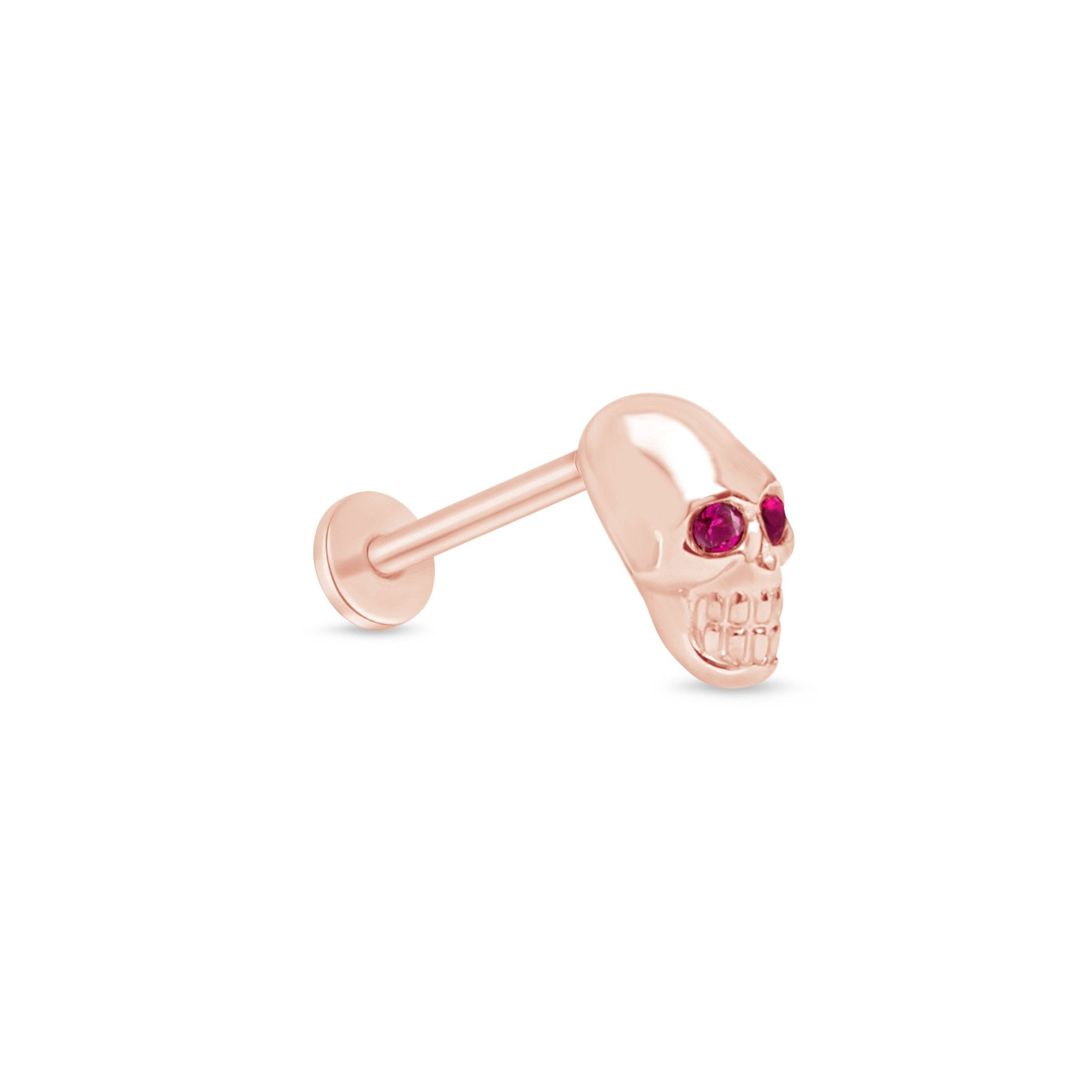Pink Ruby Eye Skull Flat Back Stud in Solid 14k Rose Gold