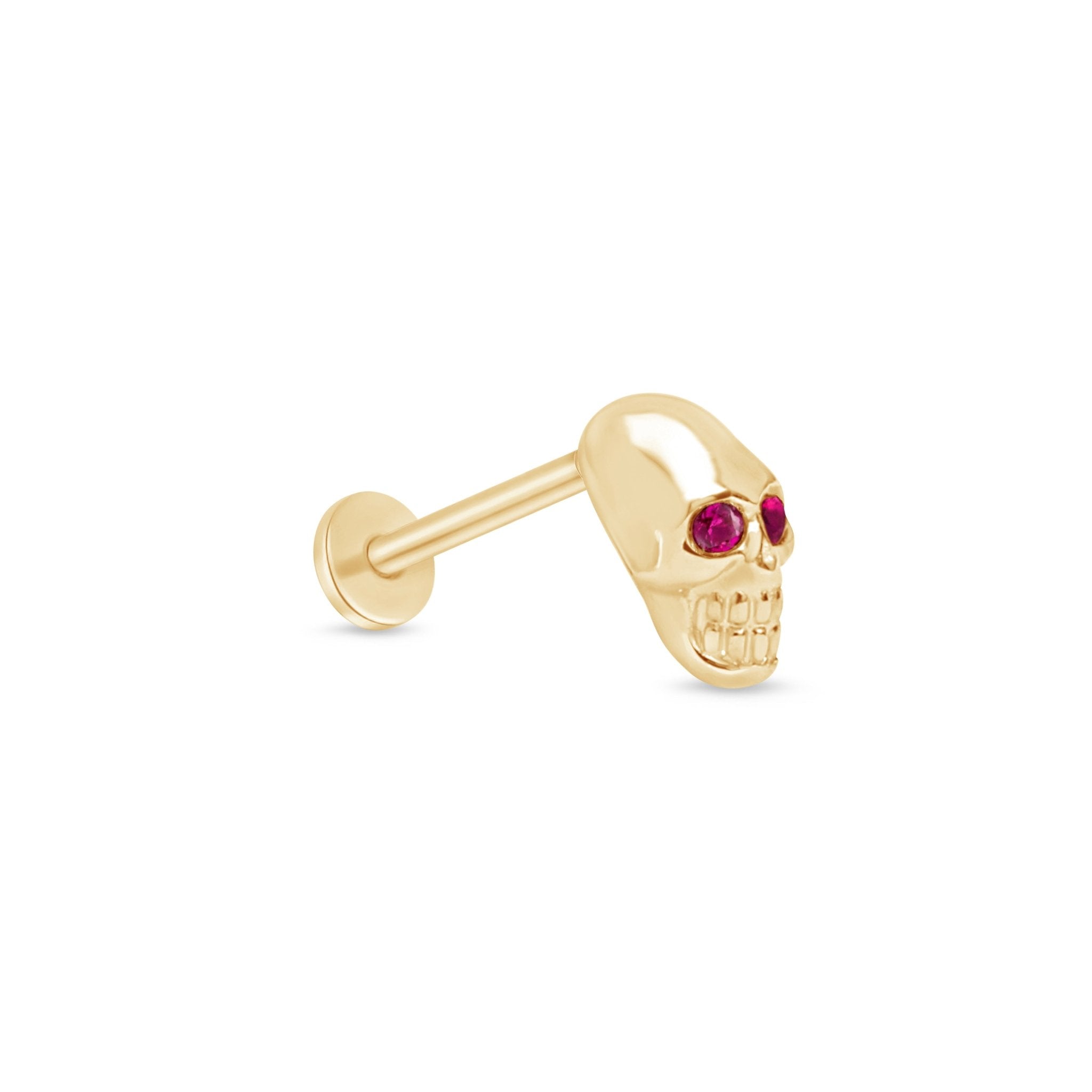 Ruby Eye Skull Flat Back Stud in Solid 14k Yellow Gold