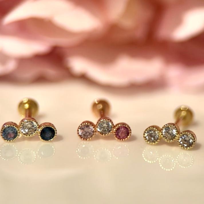 Triple Topaz Flat Back Stud Milgrain Set in Solid 14k Yellow Gold