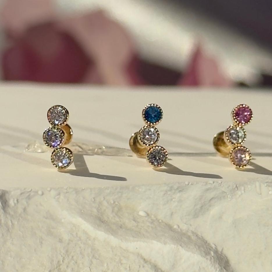 Triple Topaz Flat Back Stud Milgrain Set in Solid 14k Yellow Gold