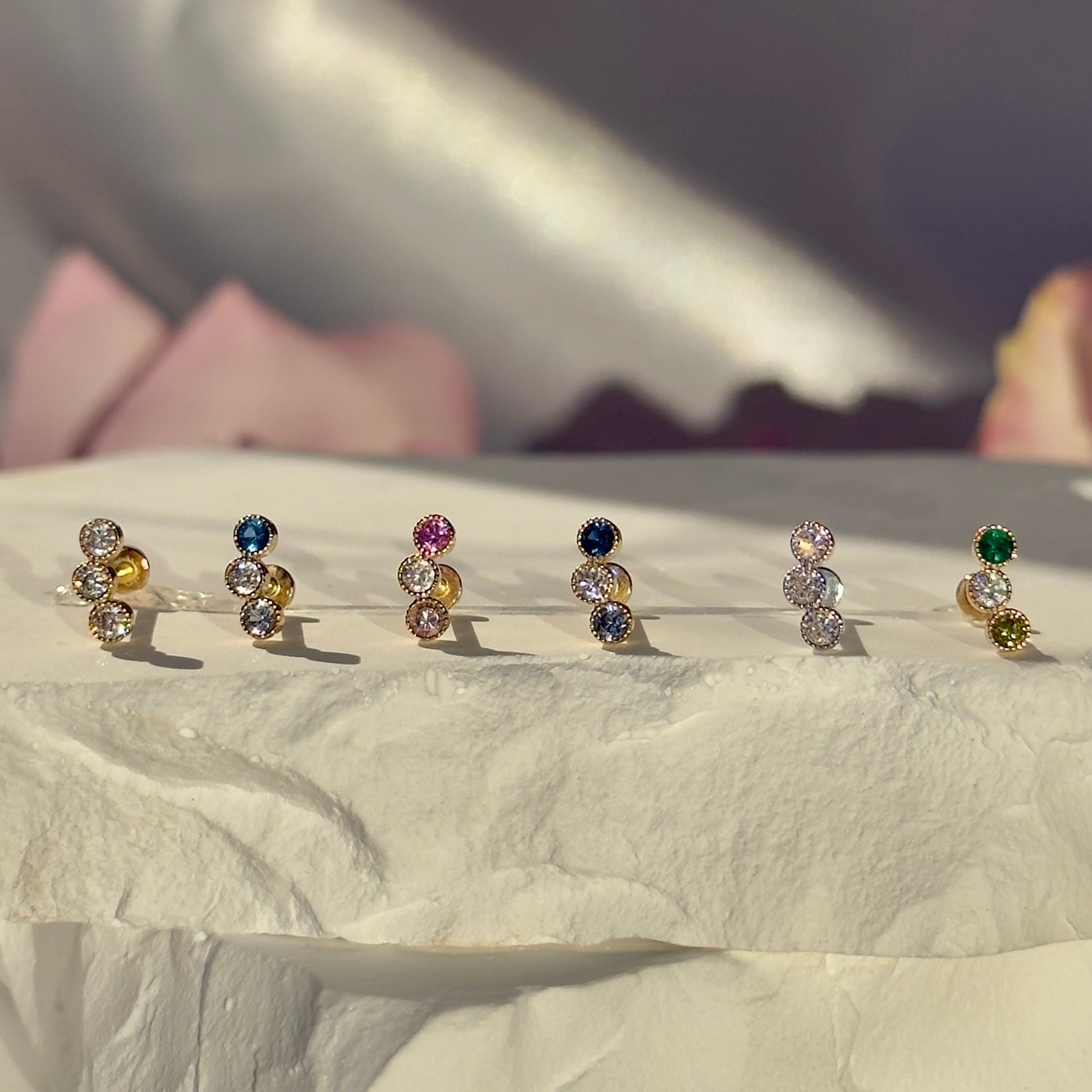 Triple Topaz Flat Back Stud Milgrain Set in Solid 14k Yellow Gold