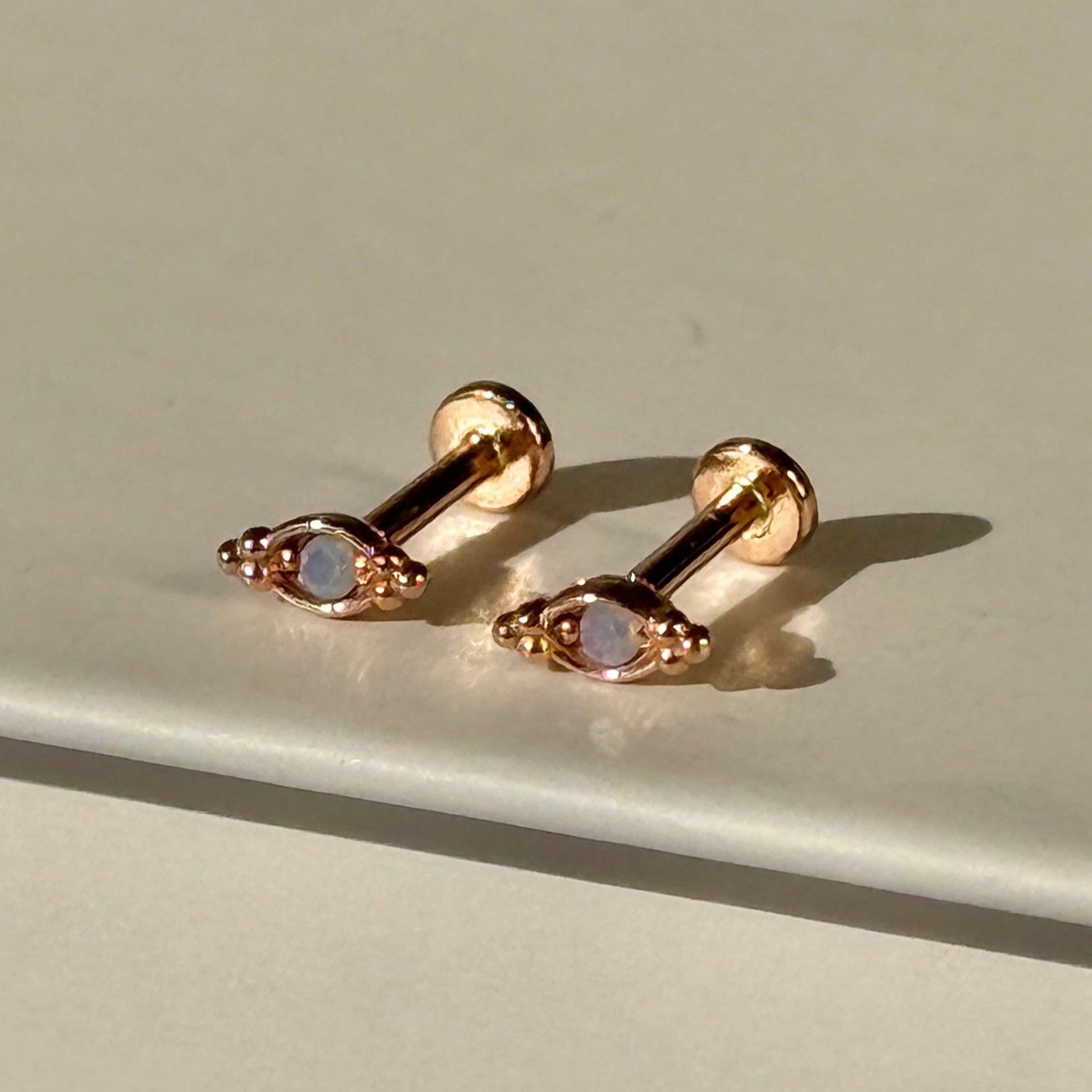 Beaded Marquise Diamond Evil Eye Flat Back Stud in Solid 14k Yellow Gold