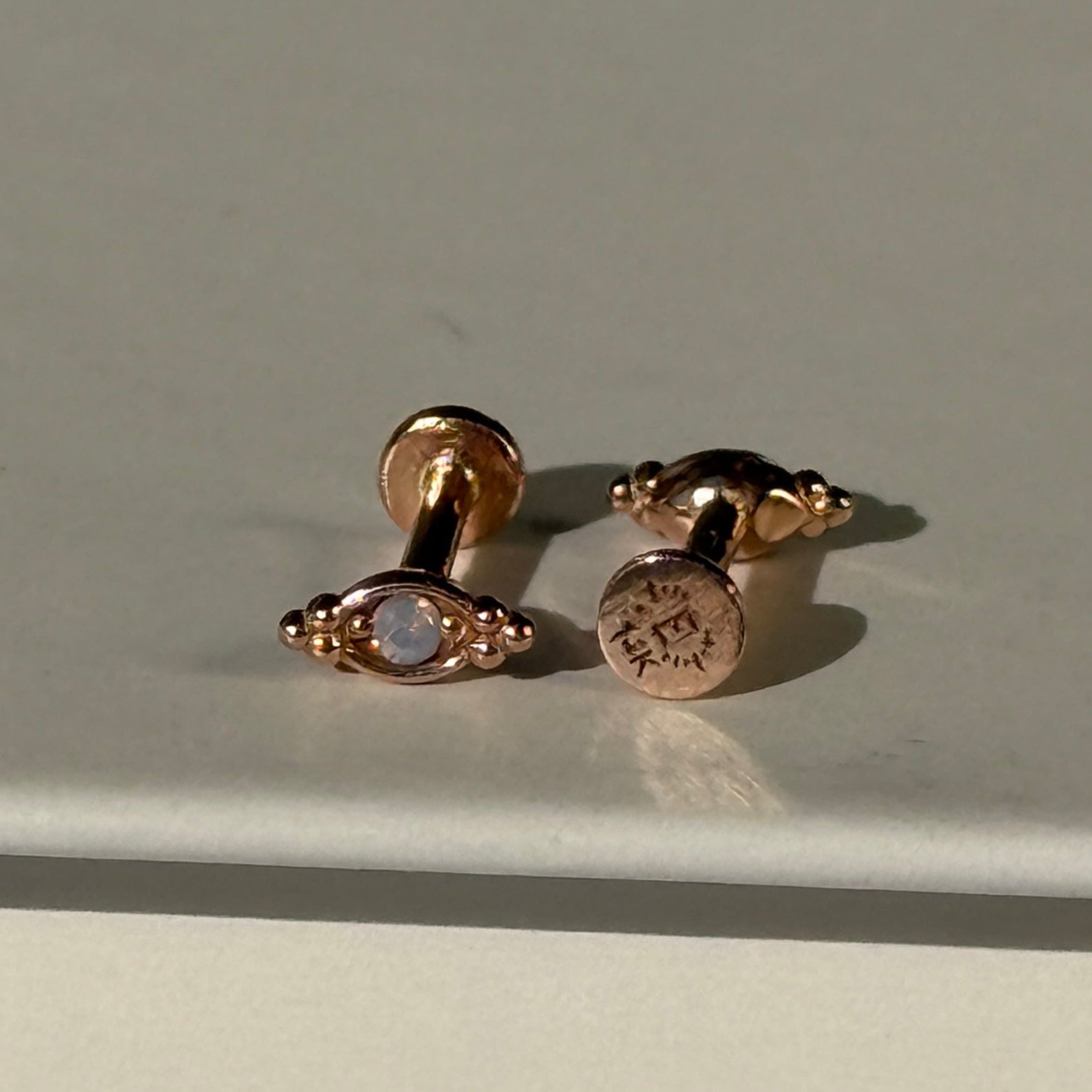 Beaded Marquise Diamond Evil Eye Flat Back Stud in Solid 14k Yellow Gold