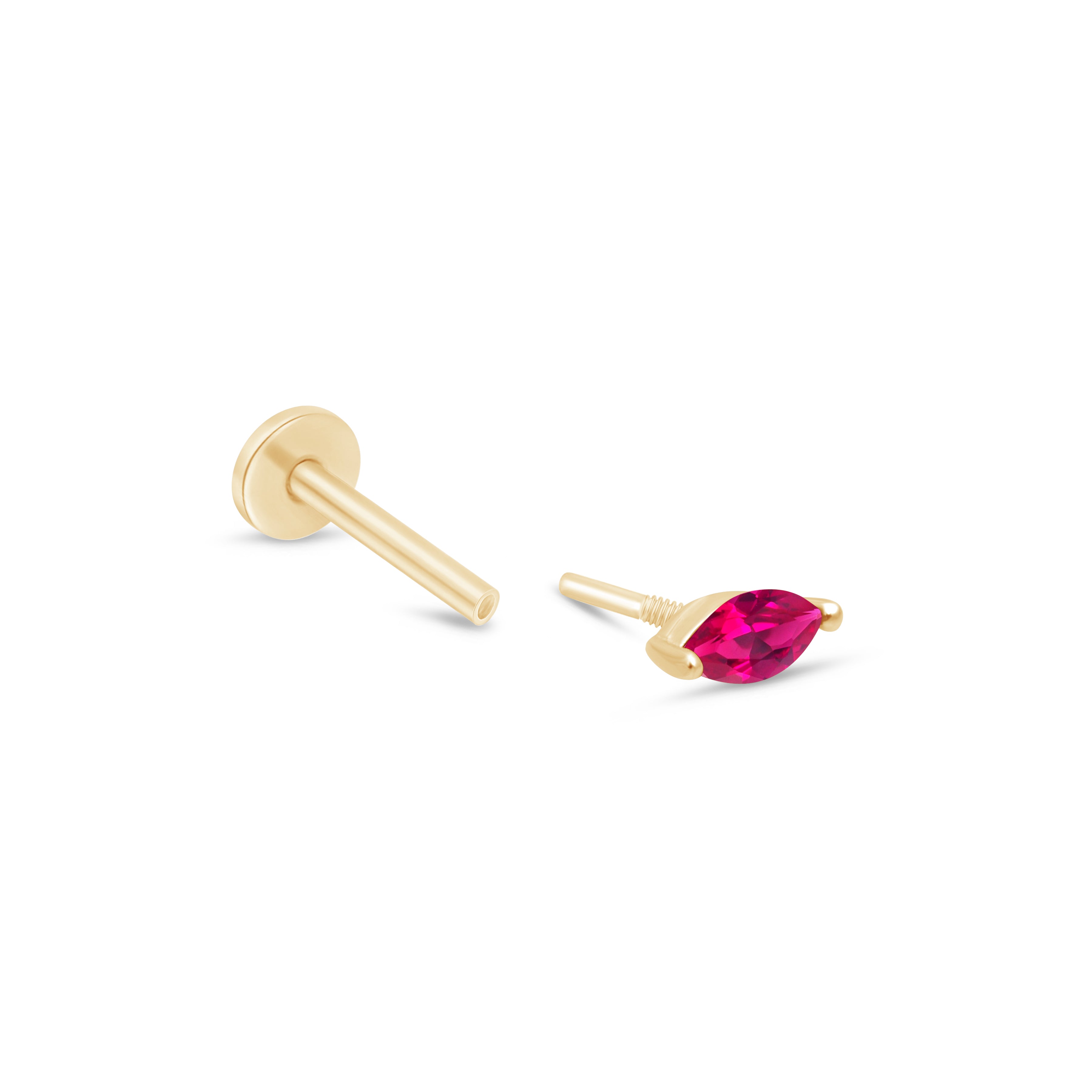 Marquise Pink Ruby Flat Back Stud in Solid 14k Yellow Gold