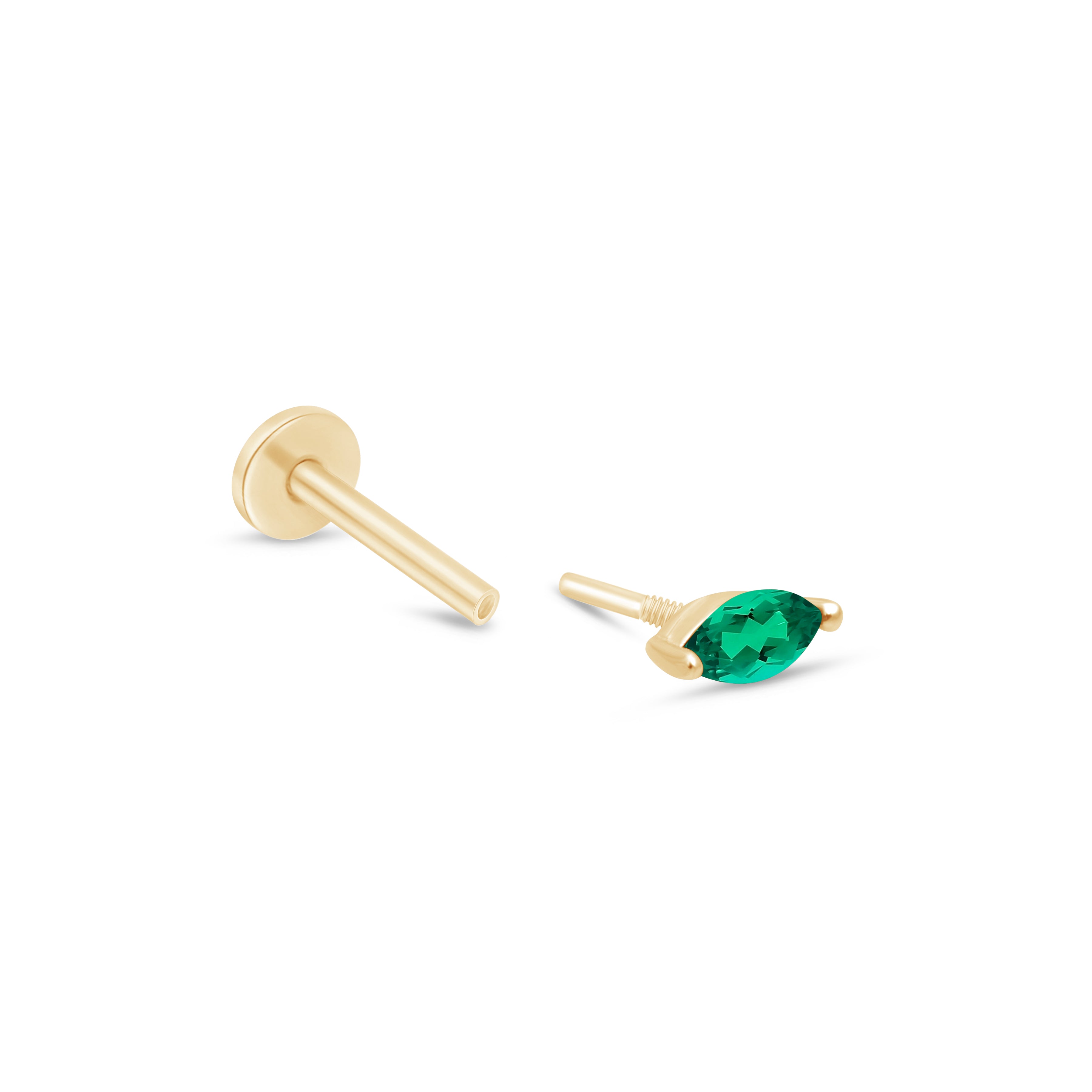 Marquise Emerald Flat Back Stud in Solid 14k Yellow Gold