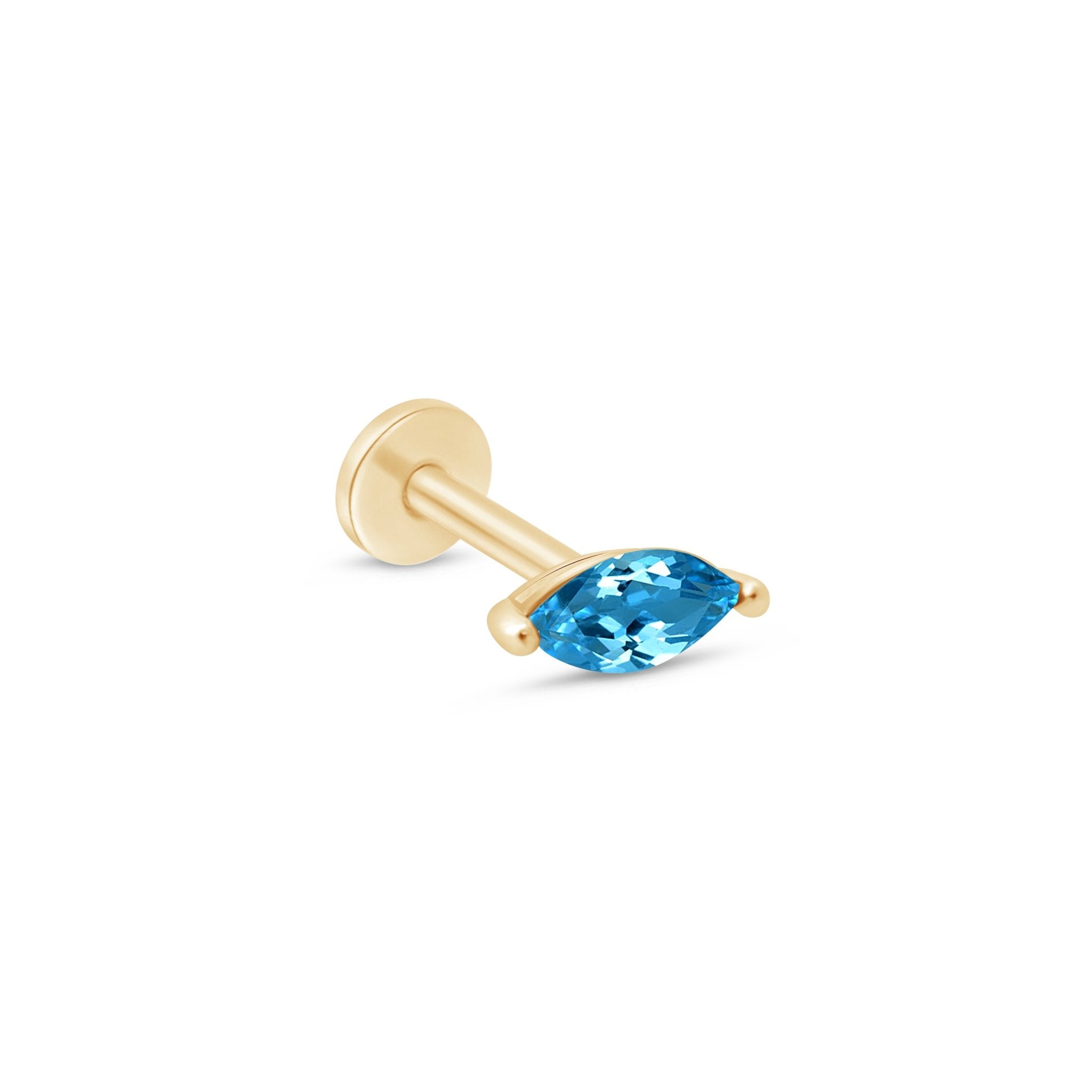 Marquise London Blue Topaz Flat Back Stud in Solid 14k Yellow Gold