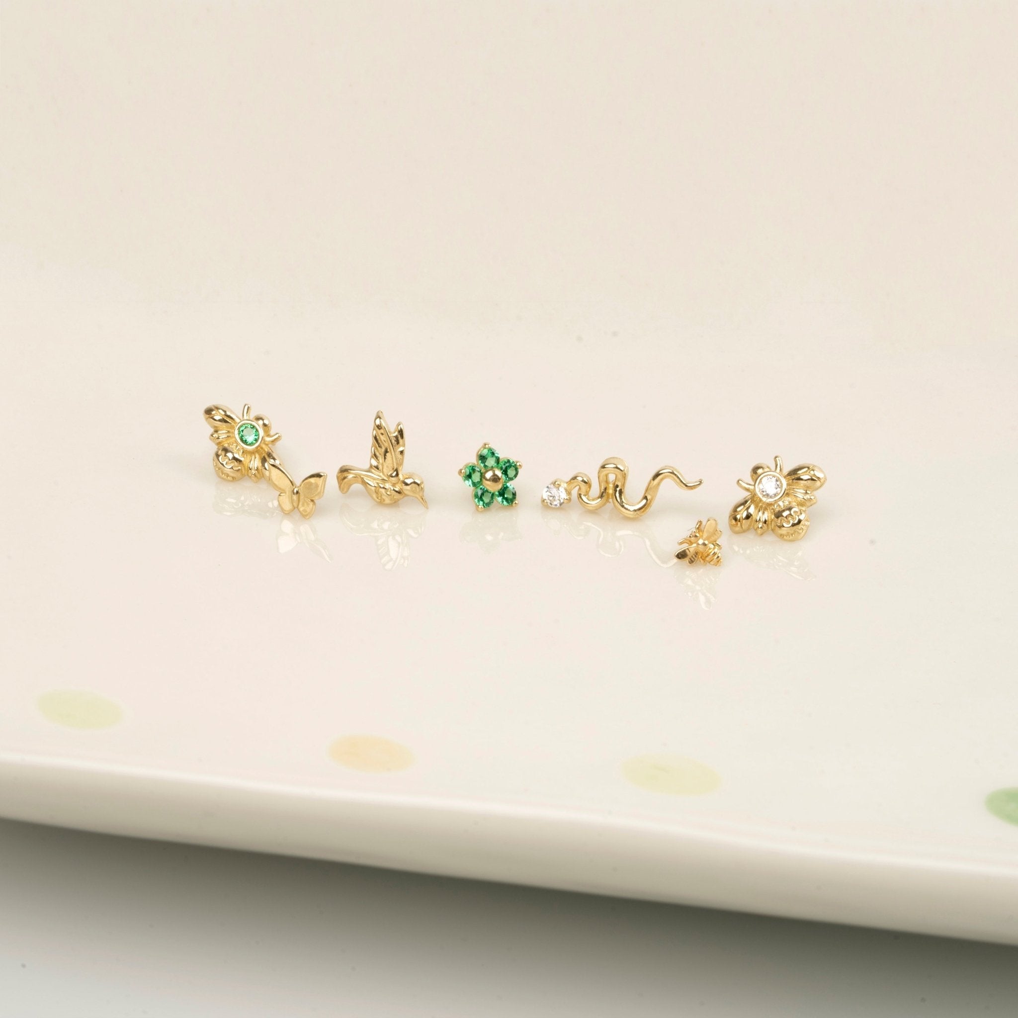 Cubic Zirconia Bee Flat Back Stud in Solid 14k Yellow Gold