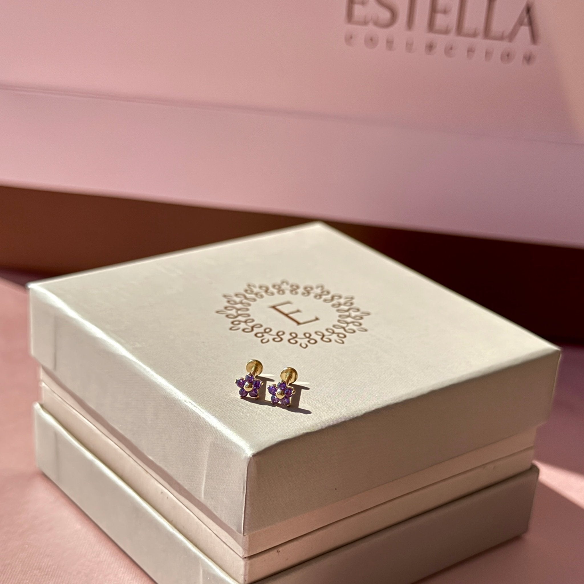 Amethyst Flower Flat Back Stud in Solid 14k Yellow Gold