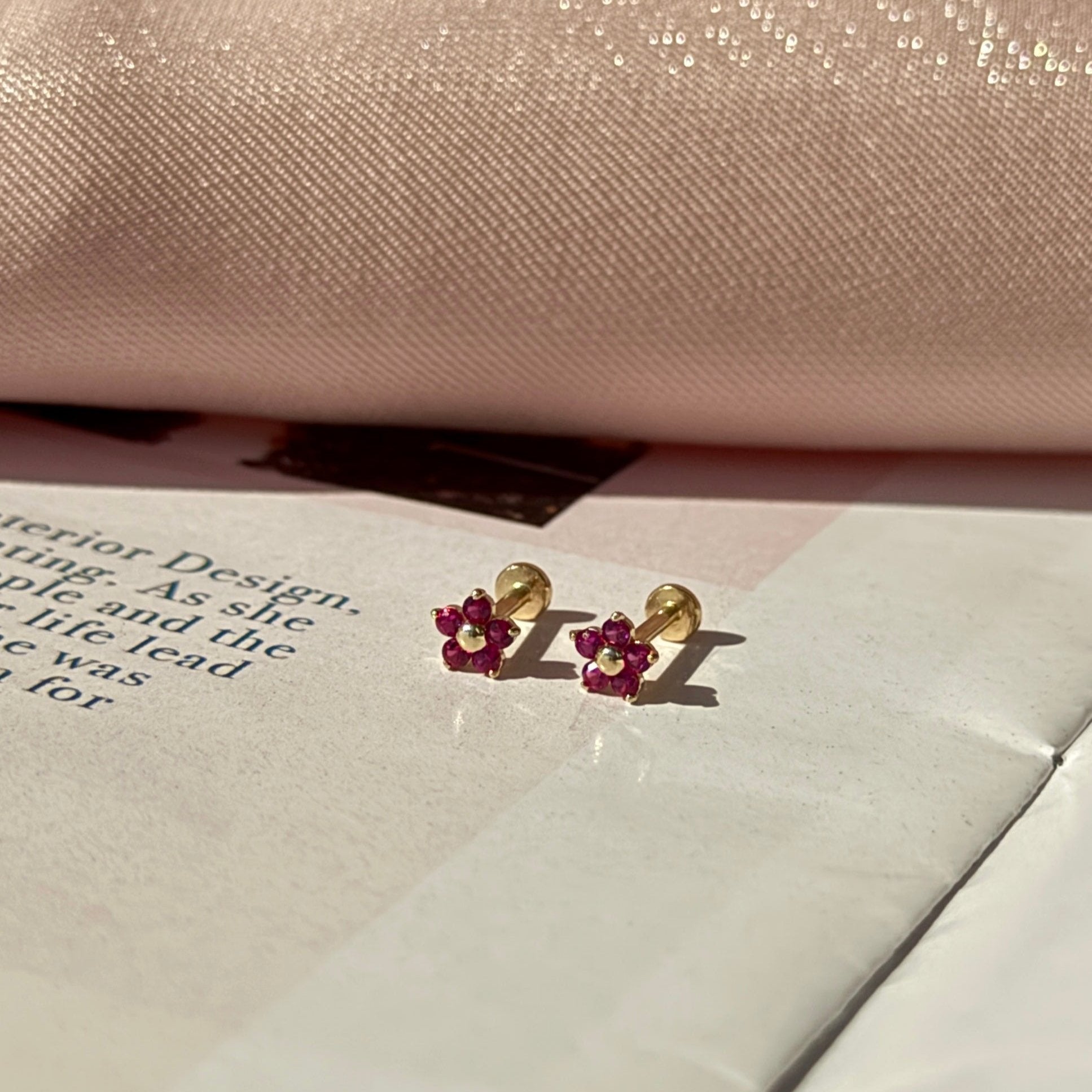 Ruby Flower Flat Back Stud in Solid 14k Yellow Gold
