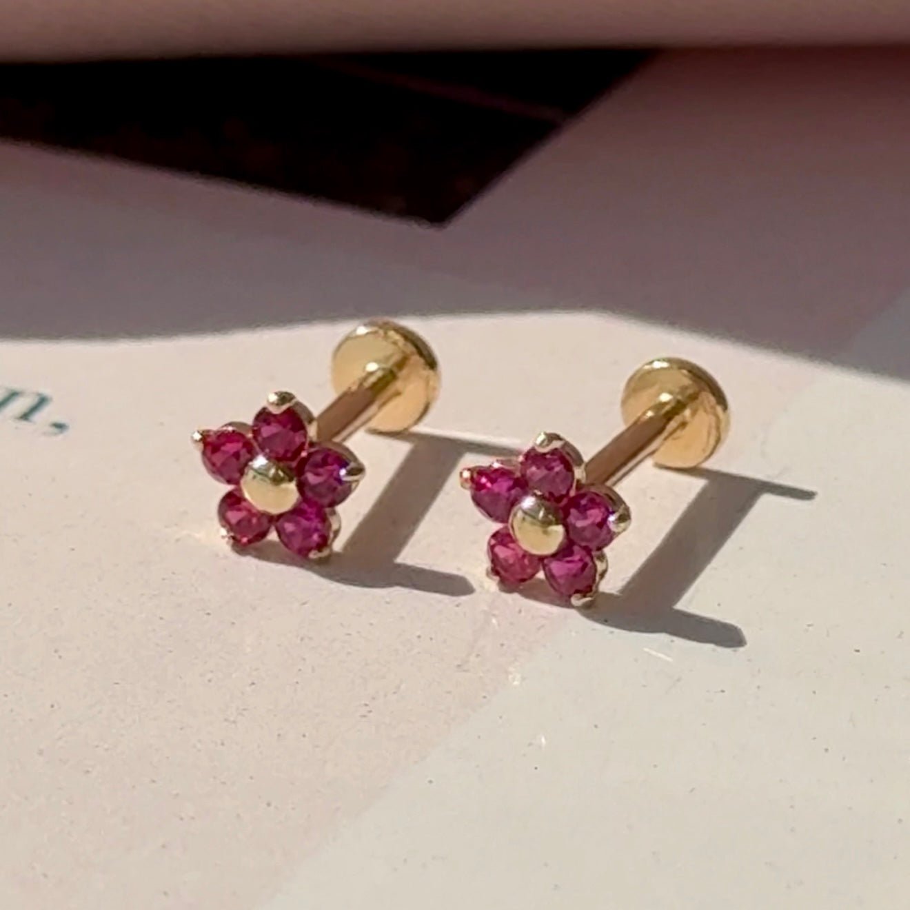 Ruby Flower Flat Back Stud in Solid 14k Yellow Gold