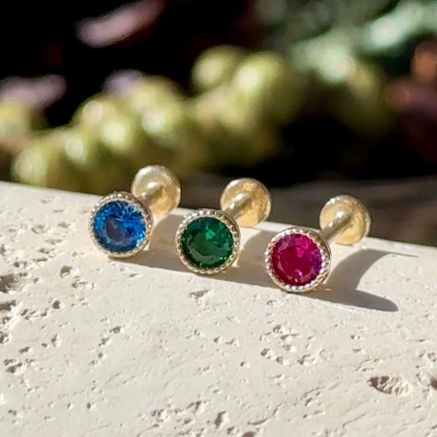 Emerald Flat Back Stud Milgrain Set in Solid 14k Yellow Gold