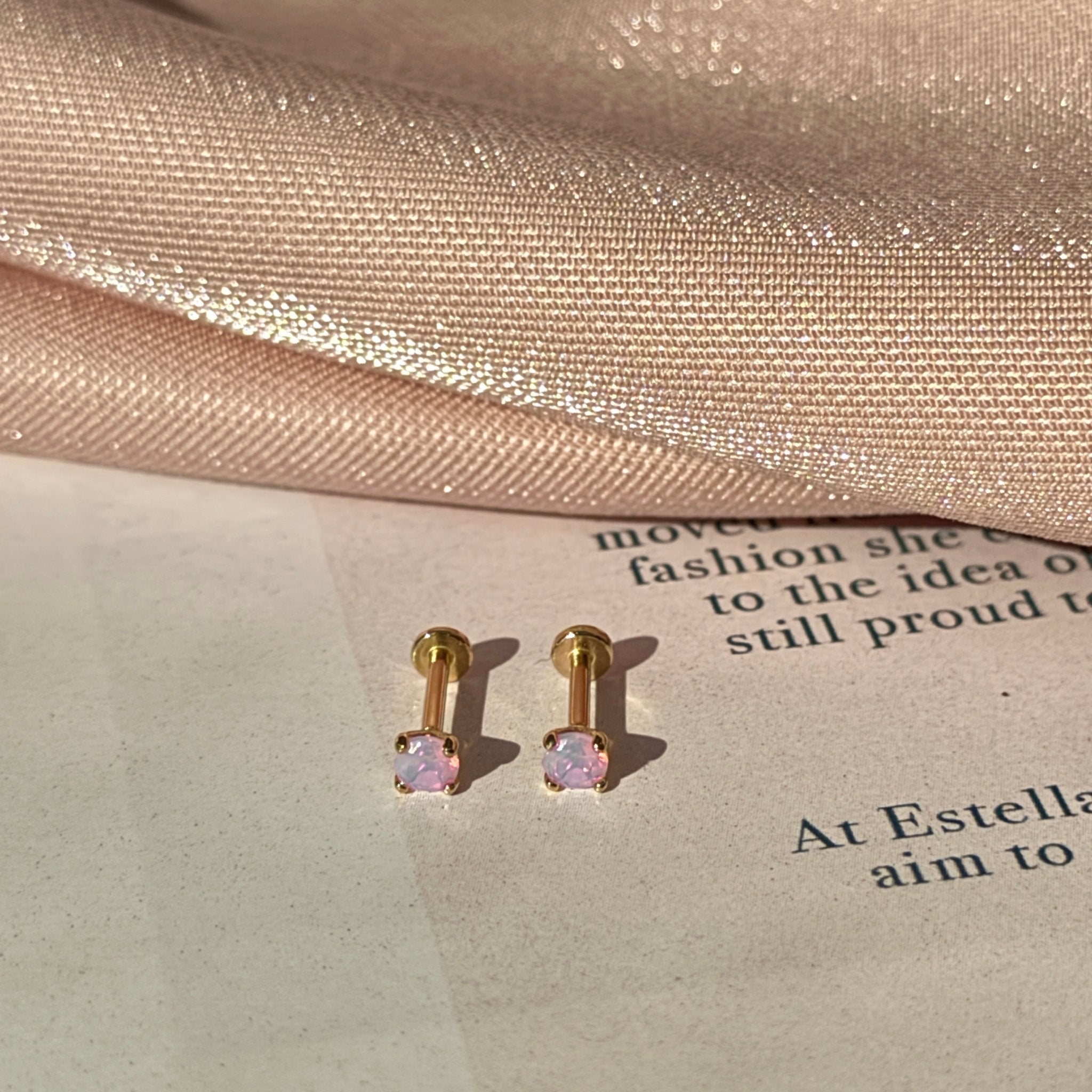 Pink Opal Cartilage Flat Back Stud in Solid 14k Yellow Gold