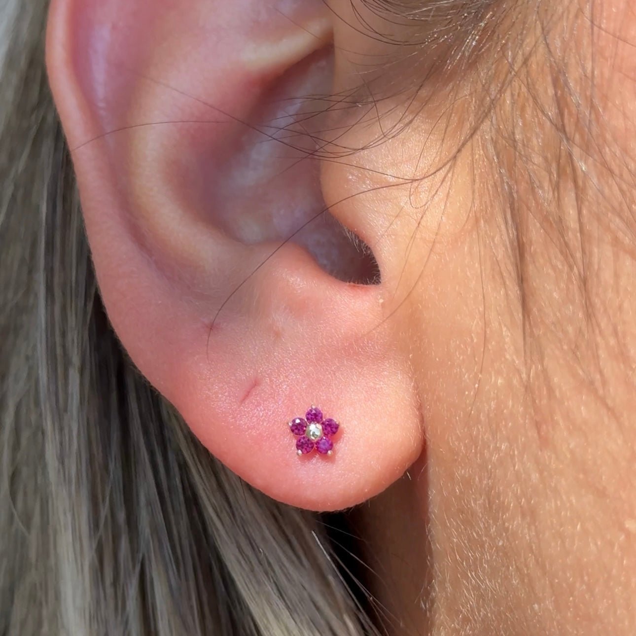 Ruby Flower Flat Back Stud in Solid 14k Yellow Gold