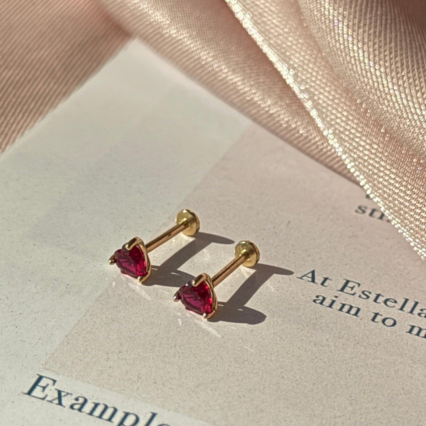 Ruby Heart Flat Back Stud in Solid 14k Yellow Gold