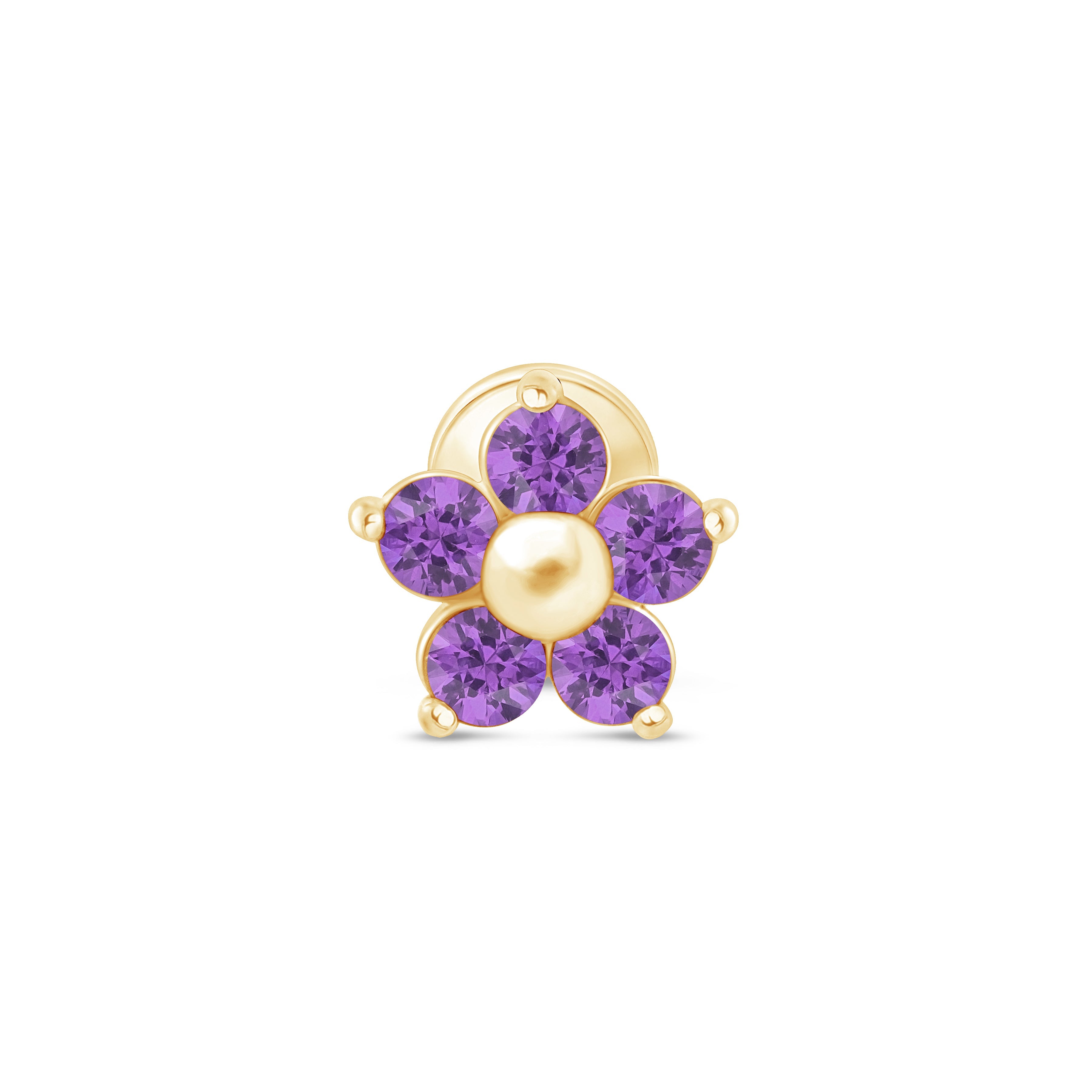 Amethyst Flower Flat Back Stud in Solid 14k Yellow Gold