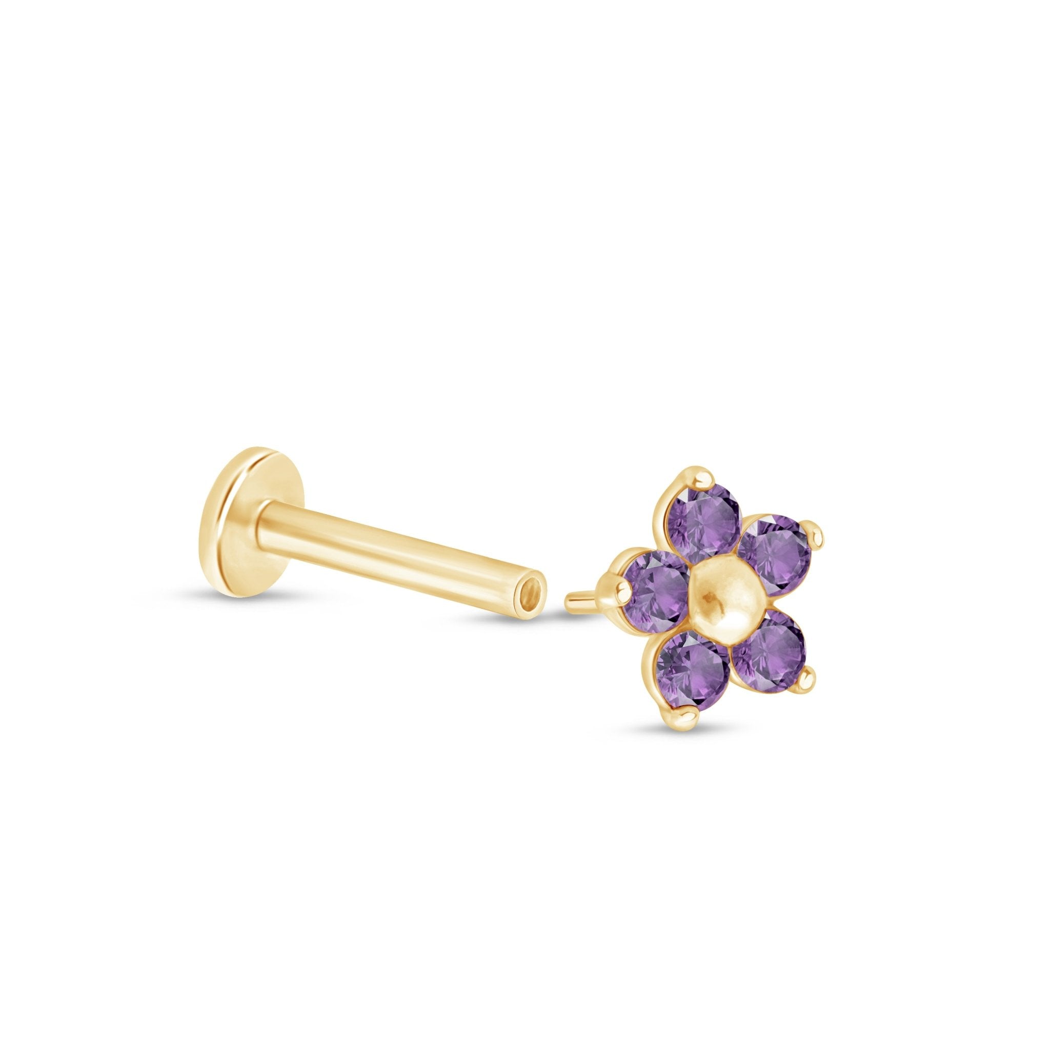 Amethyst Flower Flat Back Stud in Solid 14k Yellow Gold