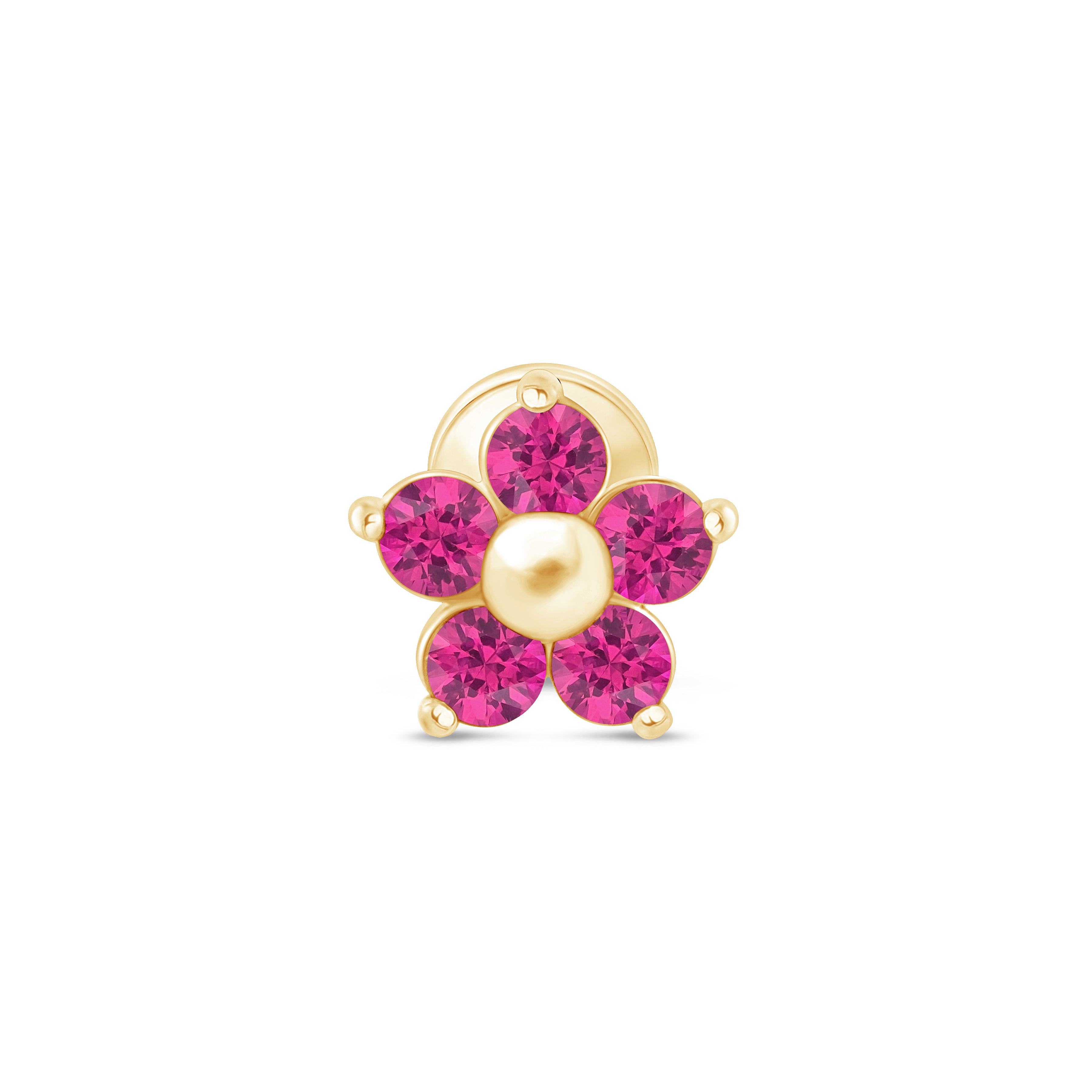 Ruby Flower Flat Back Stud in Solid 14k Yellow Gold