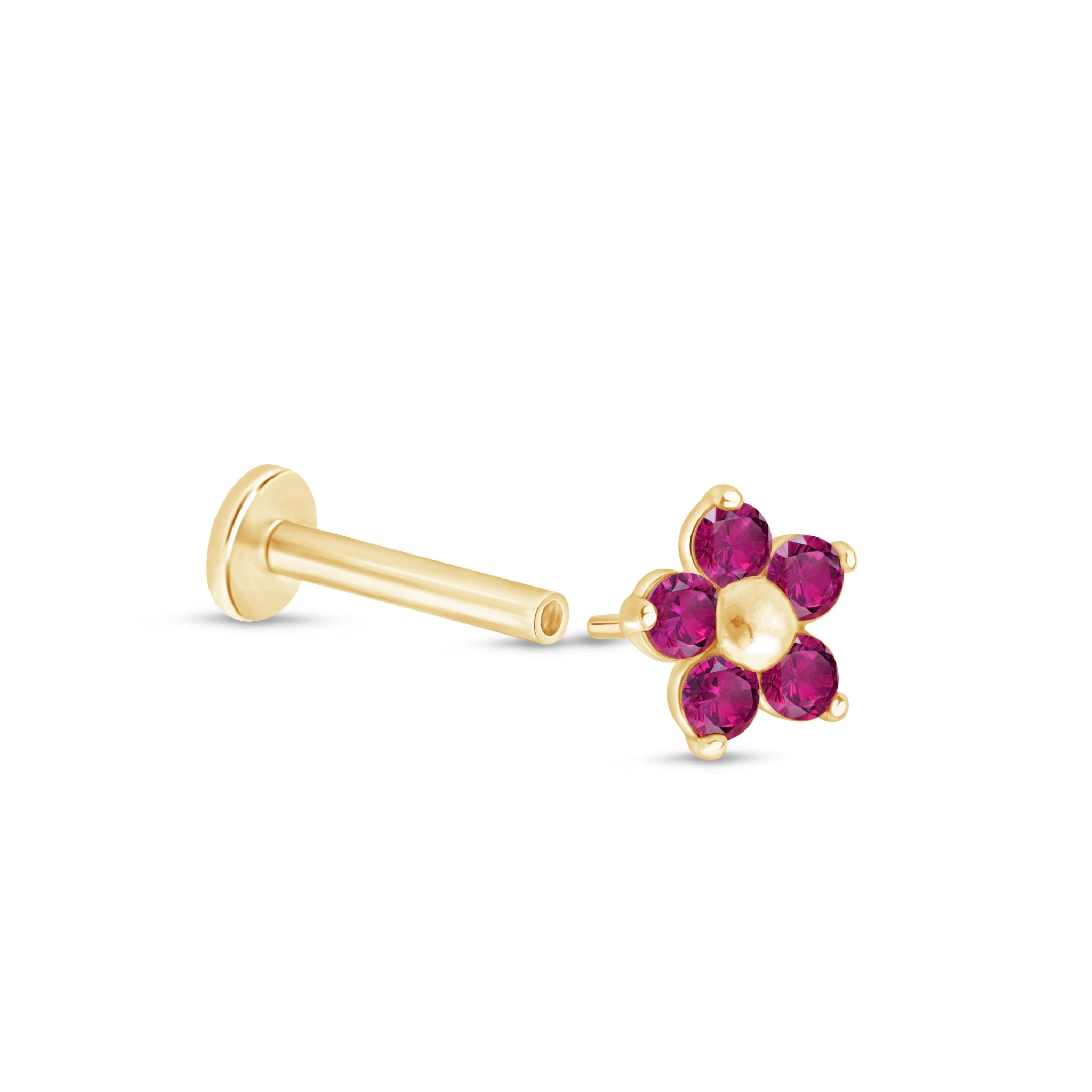 Ruby Flower Flat Back Stud in Solid 14k Yellow Gold