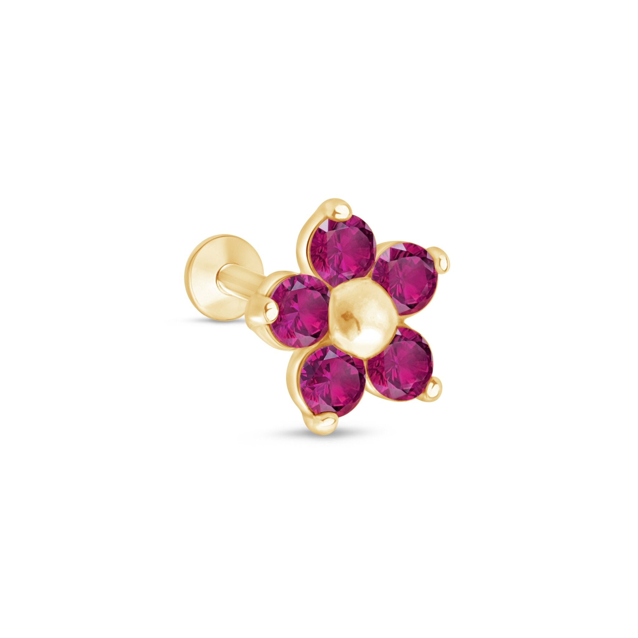 Ruby Flower Flat Back Stud in Solid 14k Yellow Gold