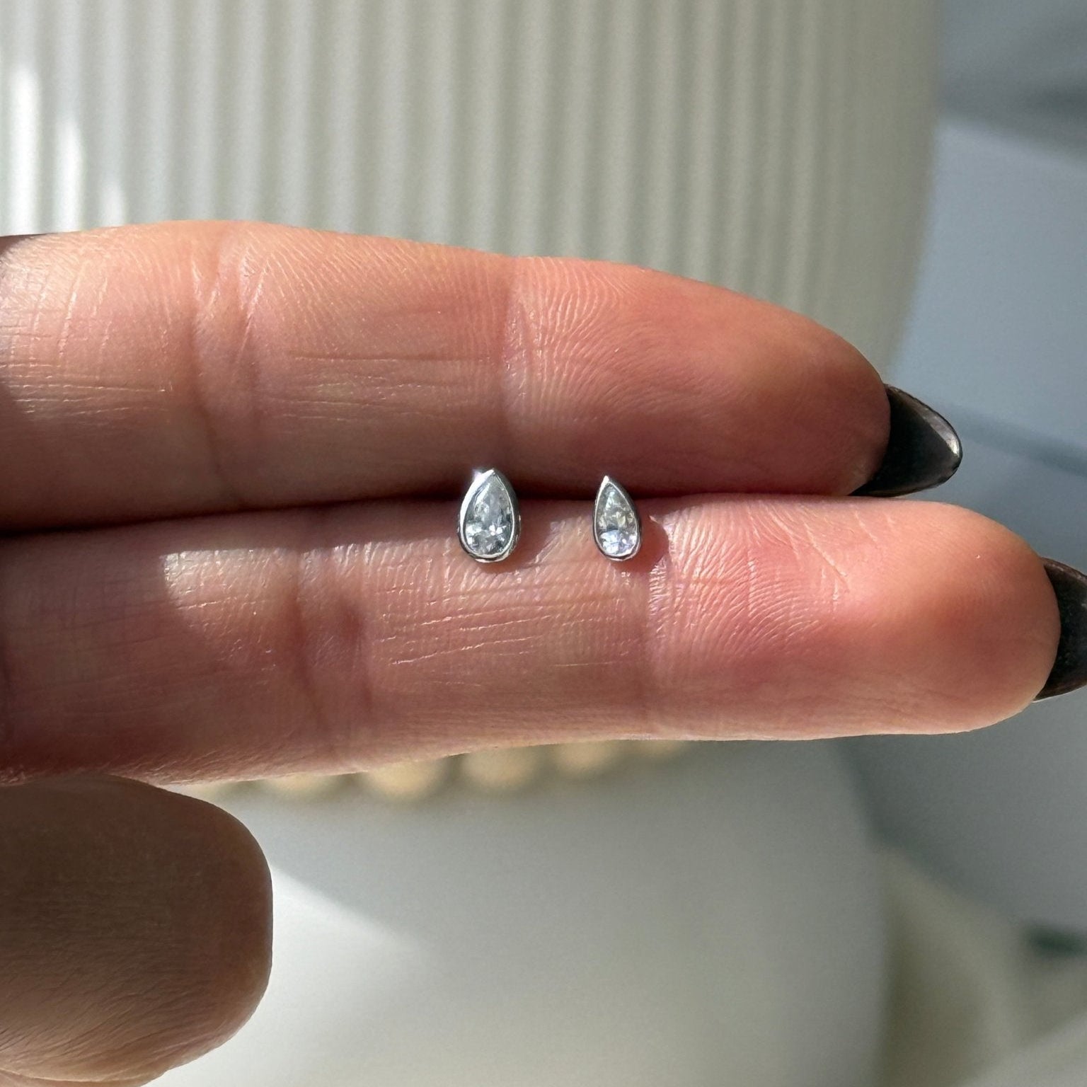 Pear Gemstone Flat Back Stud Bezel Set in Solid 14k White Gold