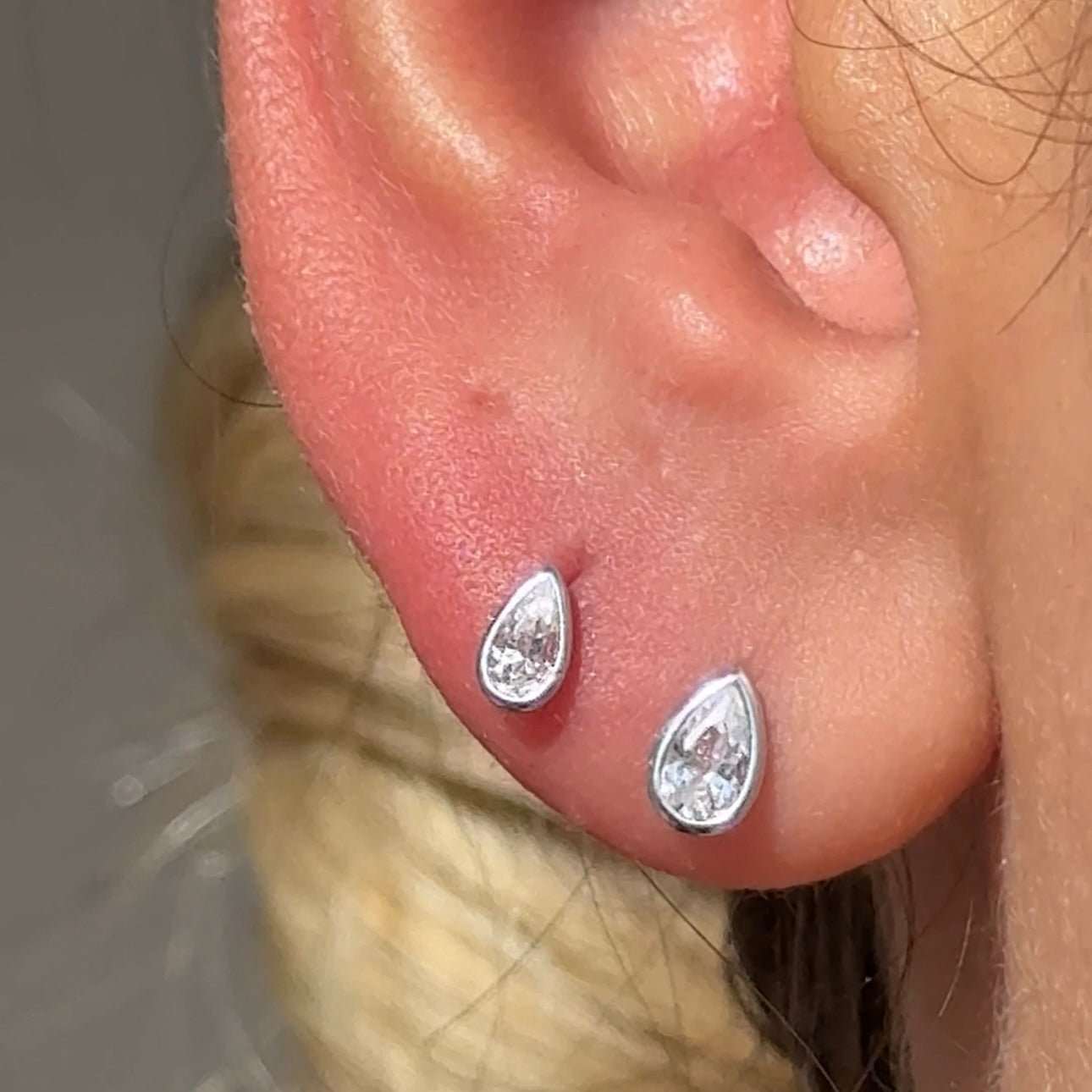 Pear Gemstone Flat Back Stud Bezel Set in Solid 14k White Gold