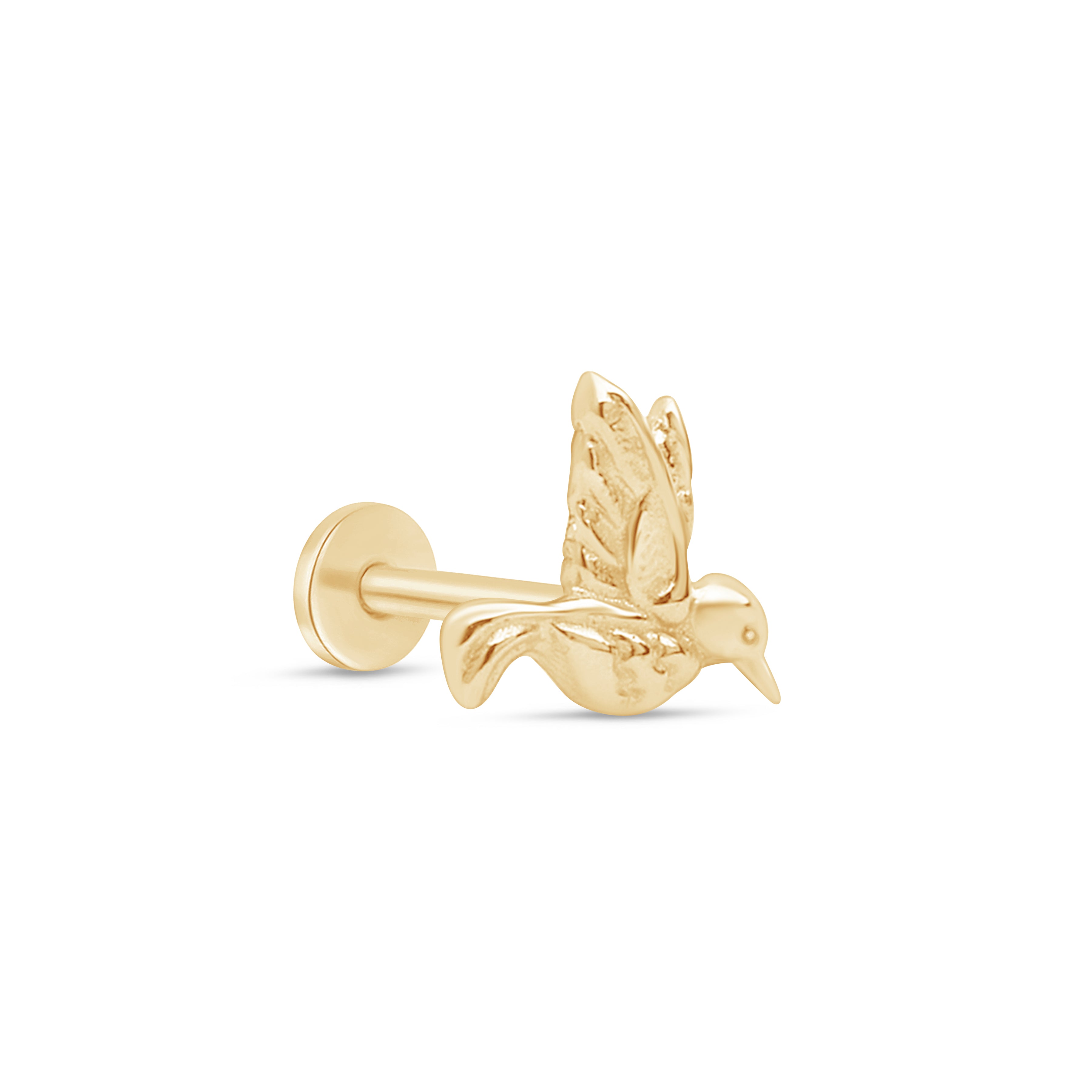 Hummingbird Flat Back Stud in Solid 14k Yellow Gold