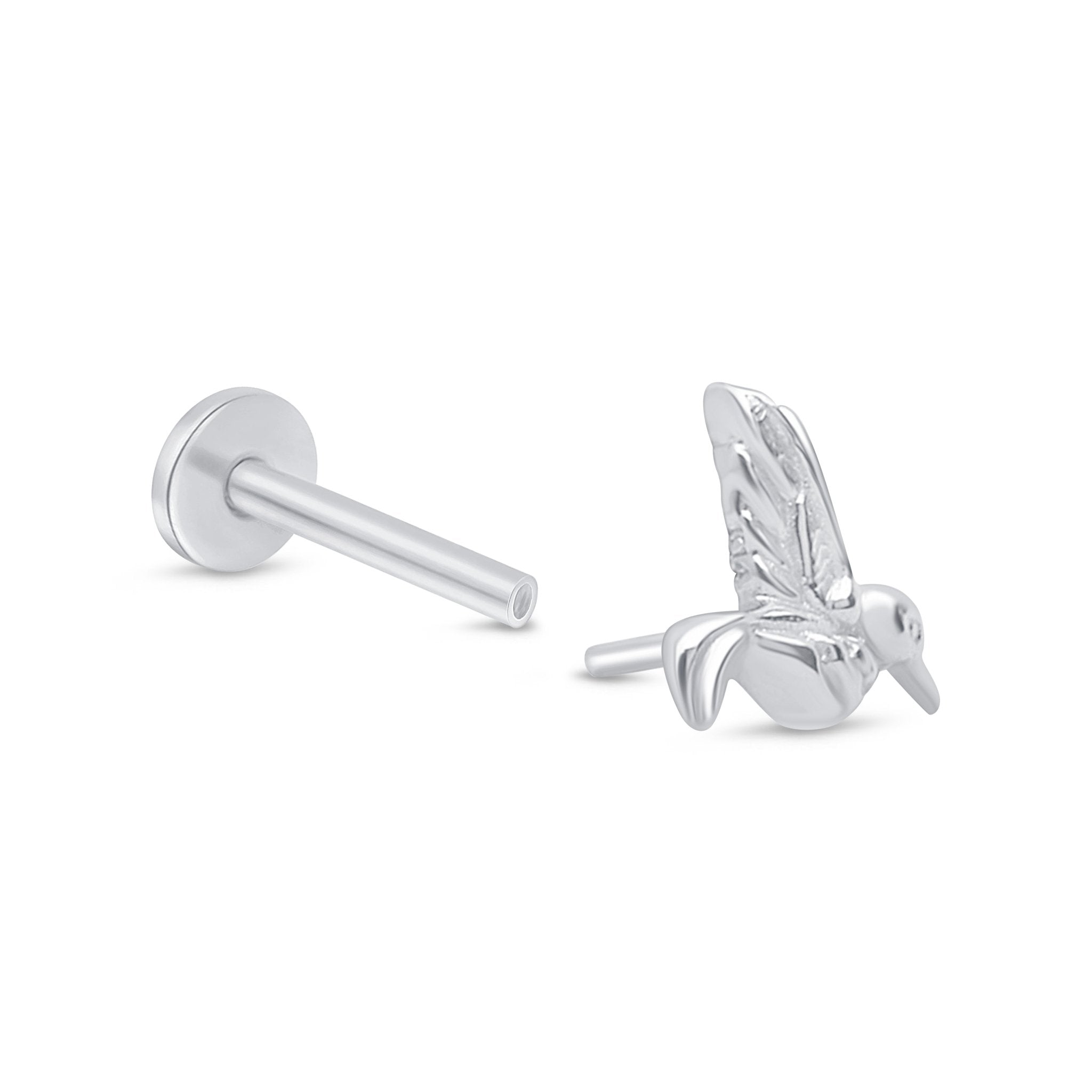 Hummingbird Flat Back Stud in Solid 14k White Gold
