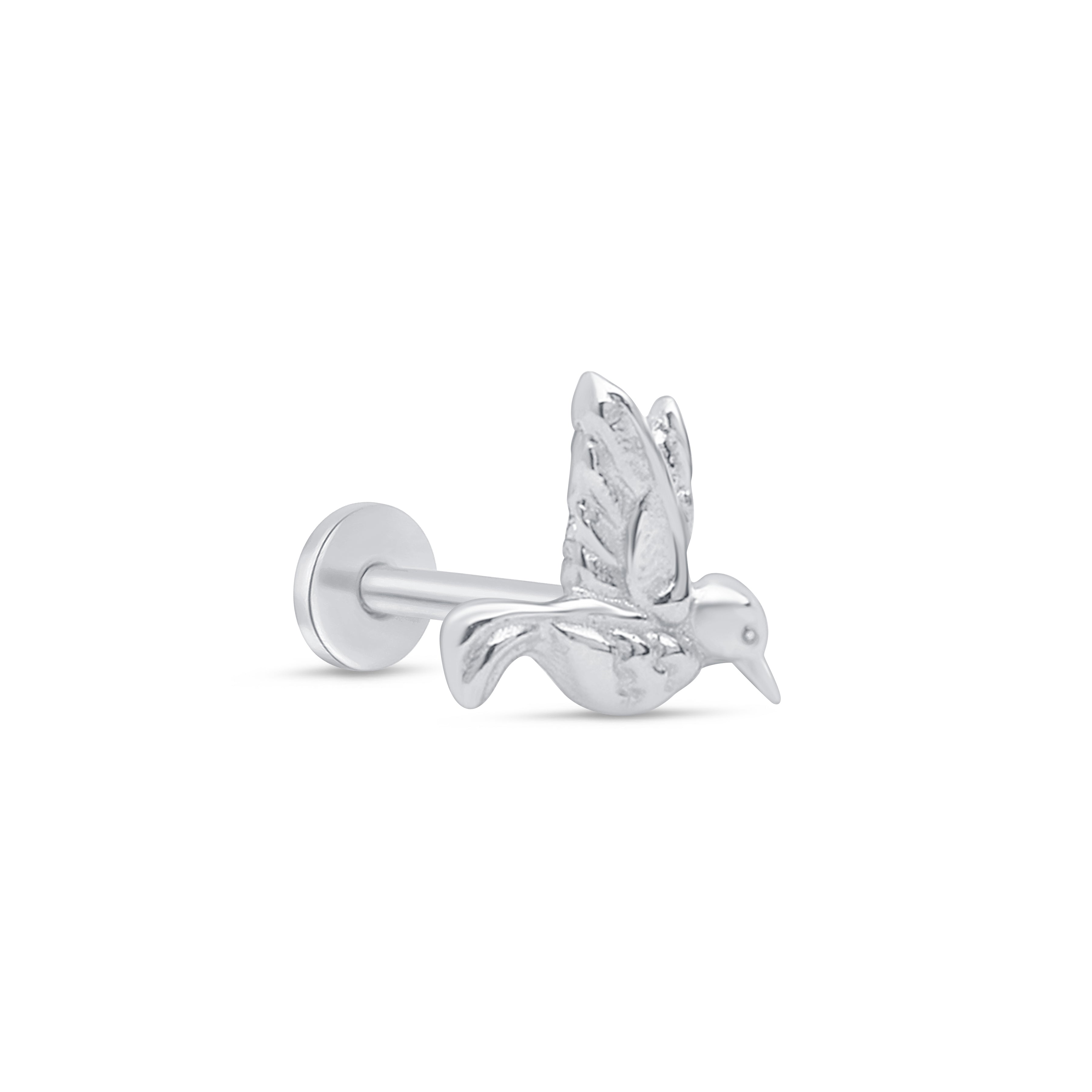 Hummingbird Flat Back Stud in Solid 14k White Gold