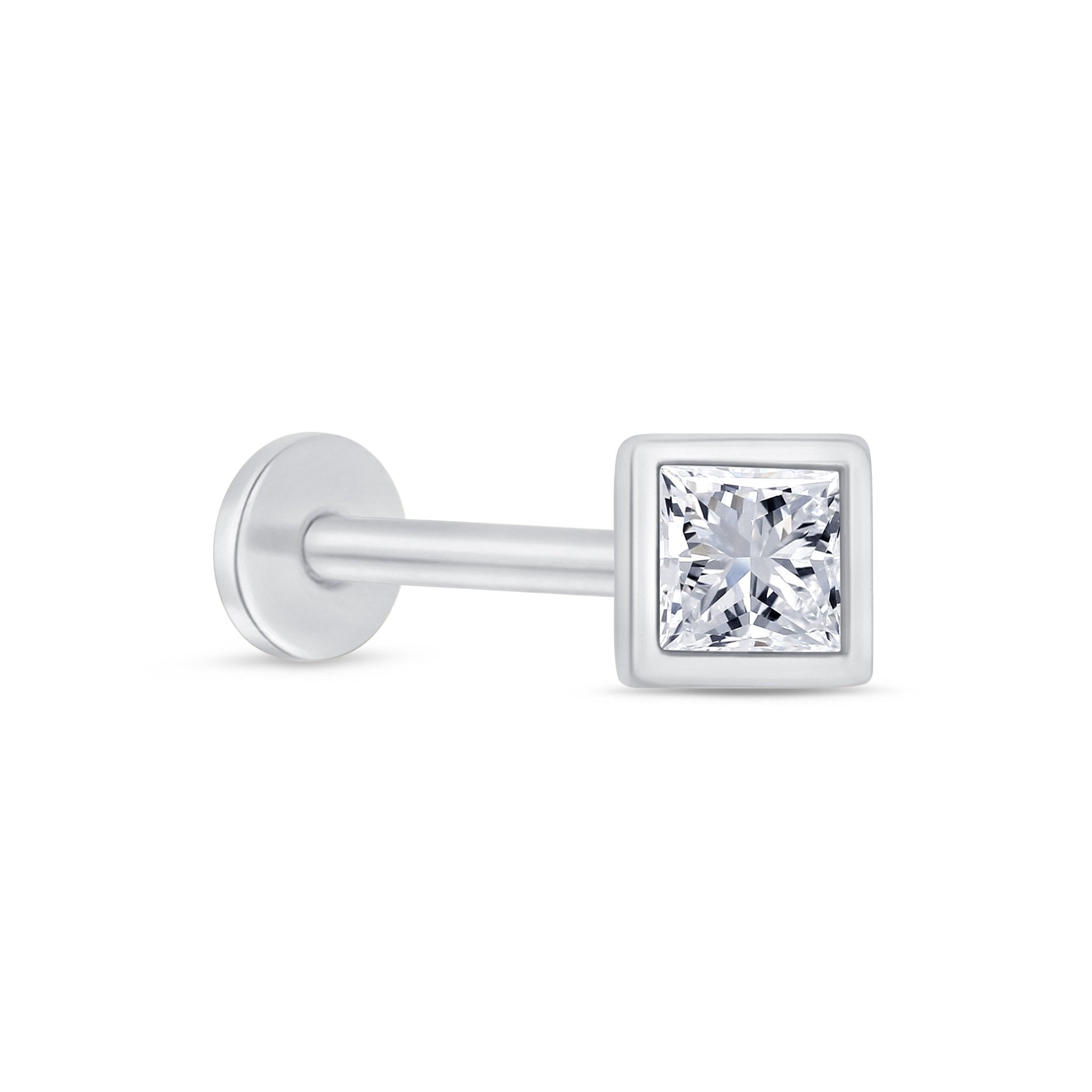 Princess Cut Gemstone Flat Back Stud Bezel Set in Solid 14k White Gold