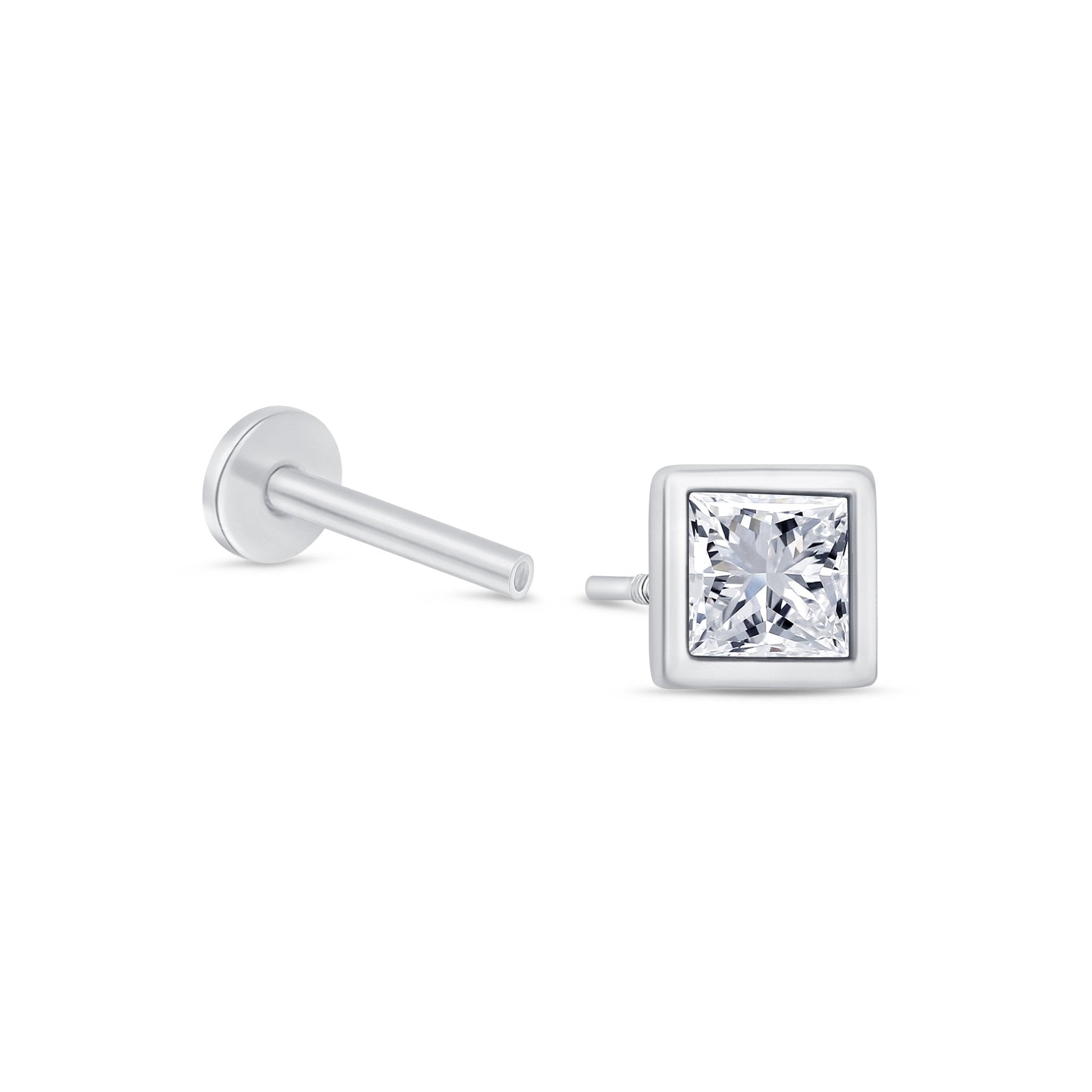 Princess Cut Gemstone Flat Back Stud Bezel Set in Solid 14k White Gold