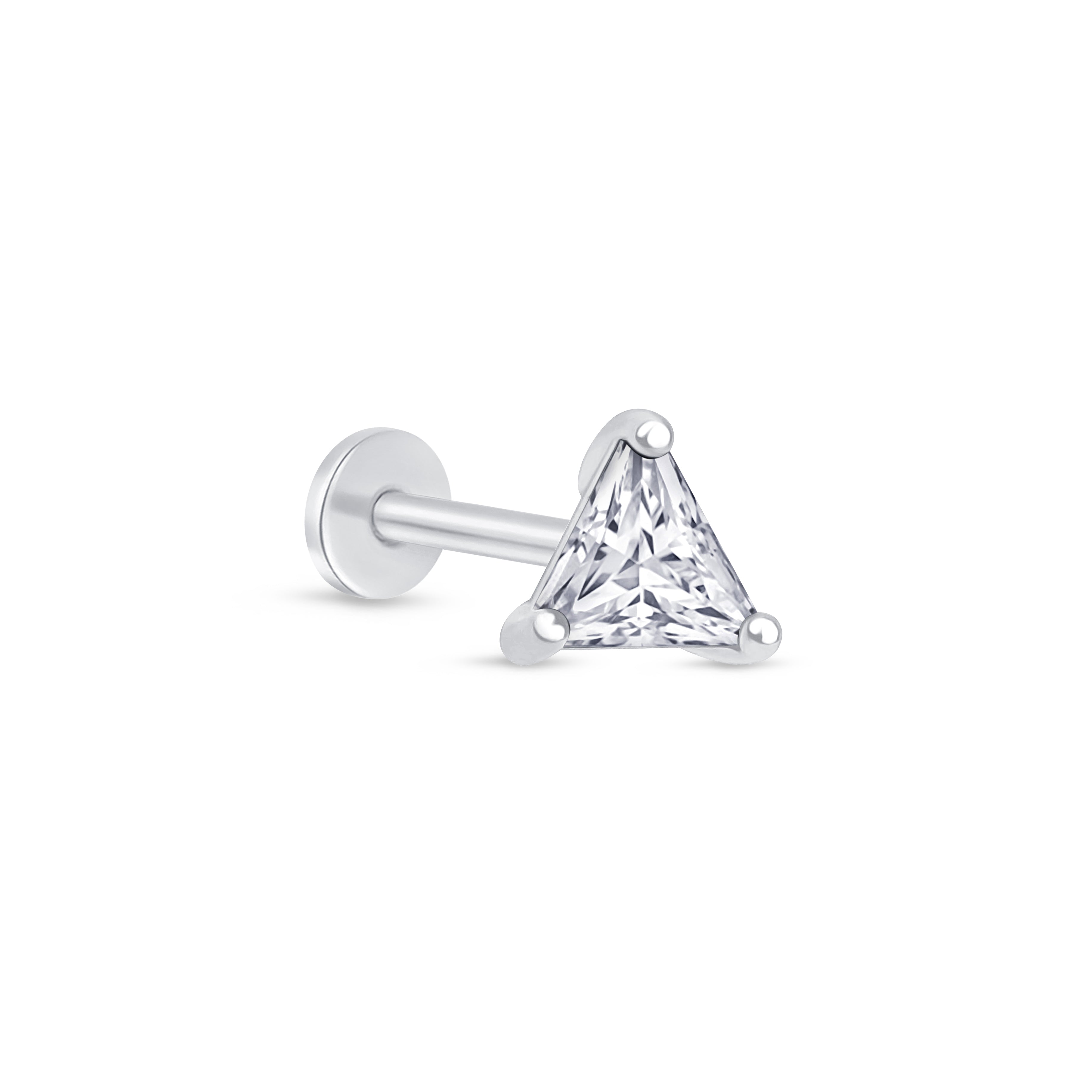 Triangle Cut Cubic Zirconia Flat Back Stud in Solid 14k White Gold