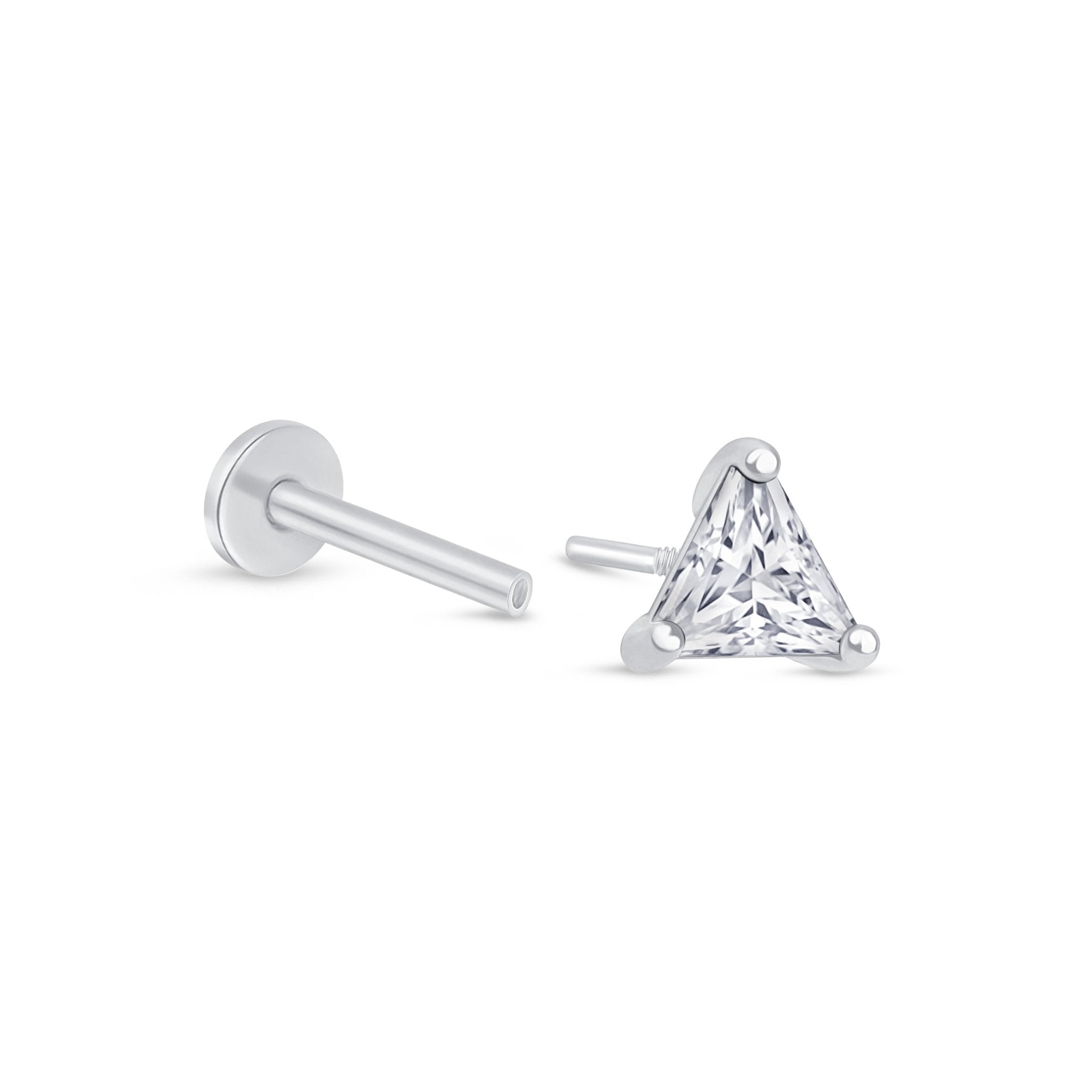 Triangle Cut Cubic Zirconia Flat Back Stud in Solid 14k White Gold