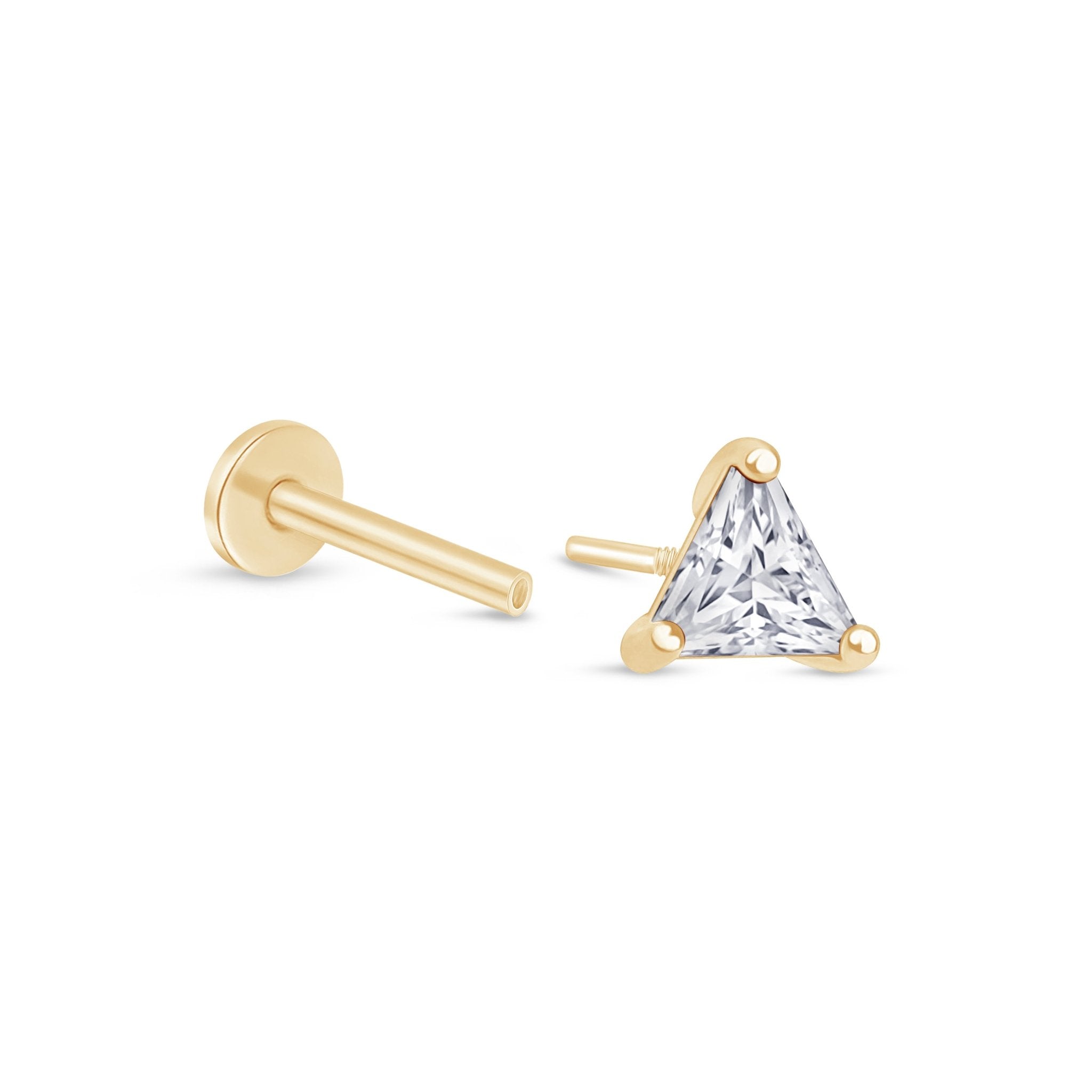 Triangle Cut Gemstone Flat Back Stud in Solid 14k Yellow Gold