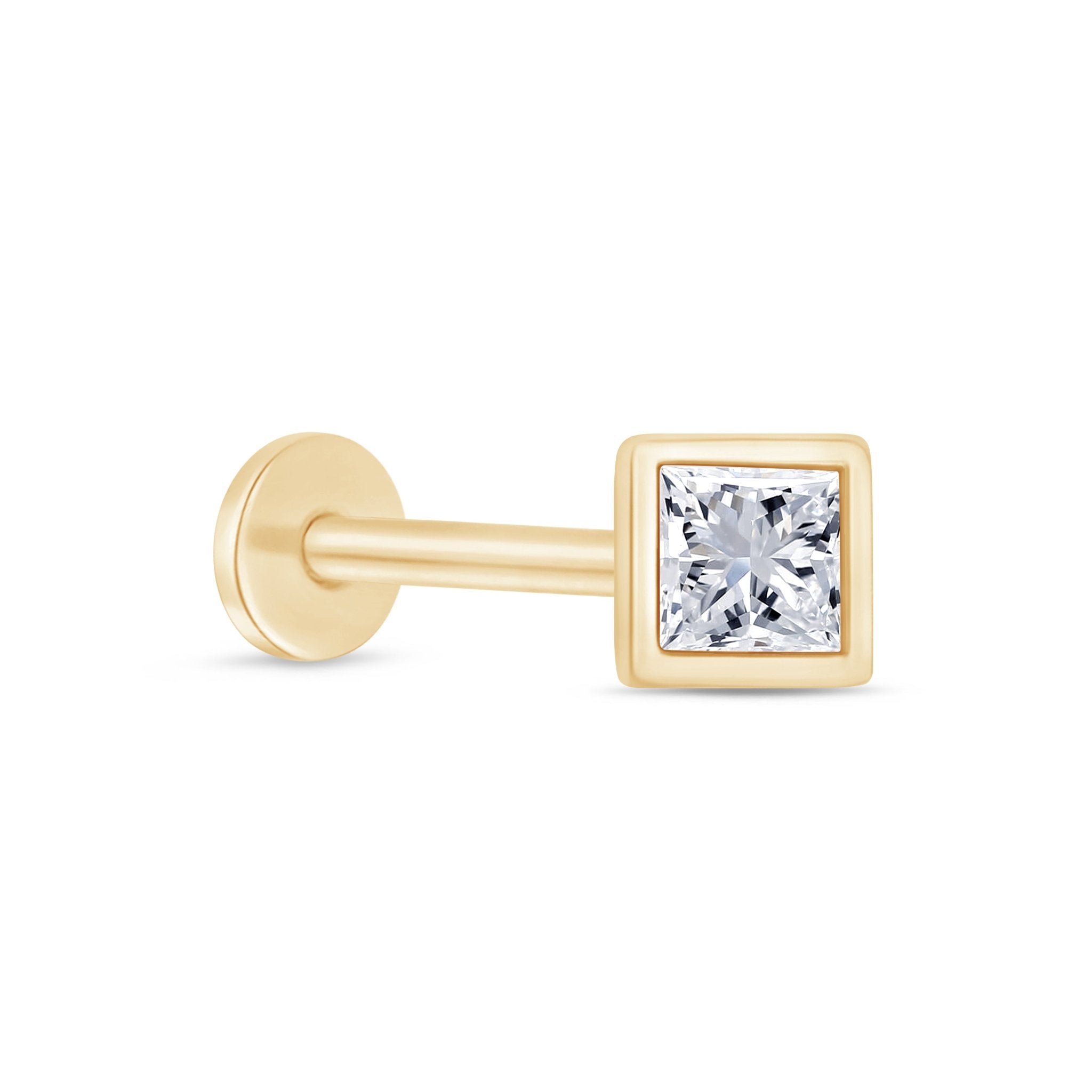 Princess Cut Gemstone Flat Back Stud Bezel Set Solid 14k Yellow Gold