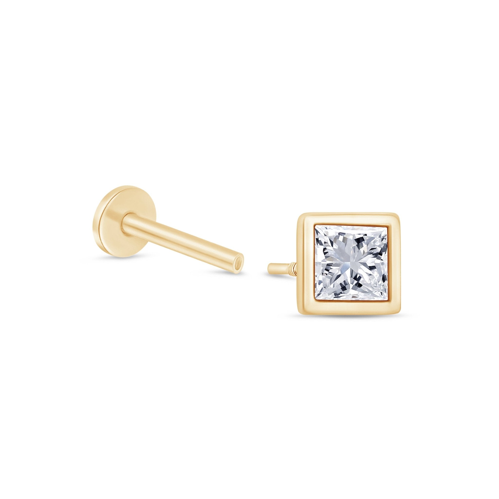 Princess Cut Gemstone Flat Back Stud Bezel Set Solid 14k Yellow Gold