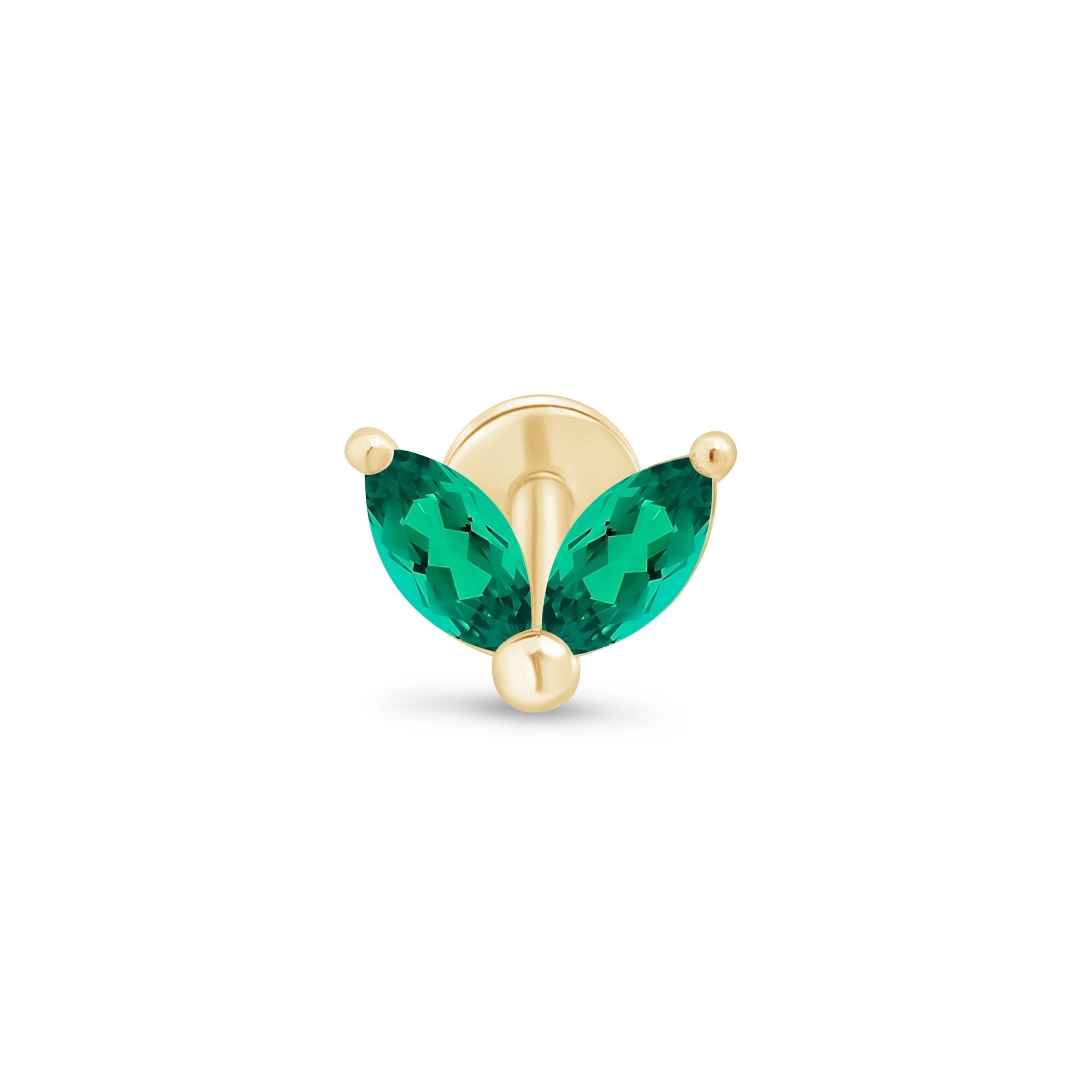 Emerald Double Marquise Flat Back Stud in Solid 14k Yellow Gold