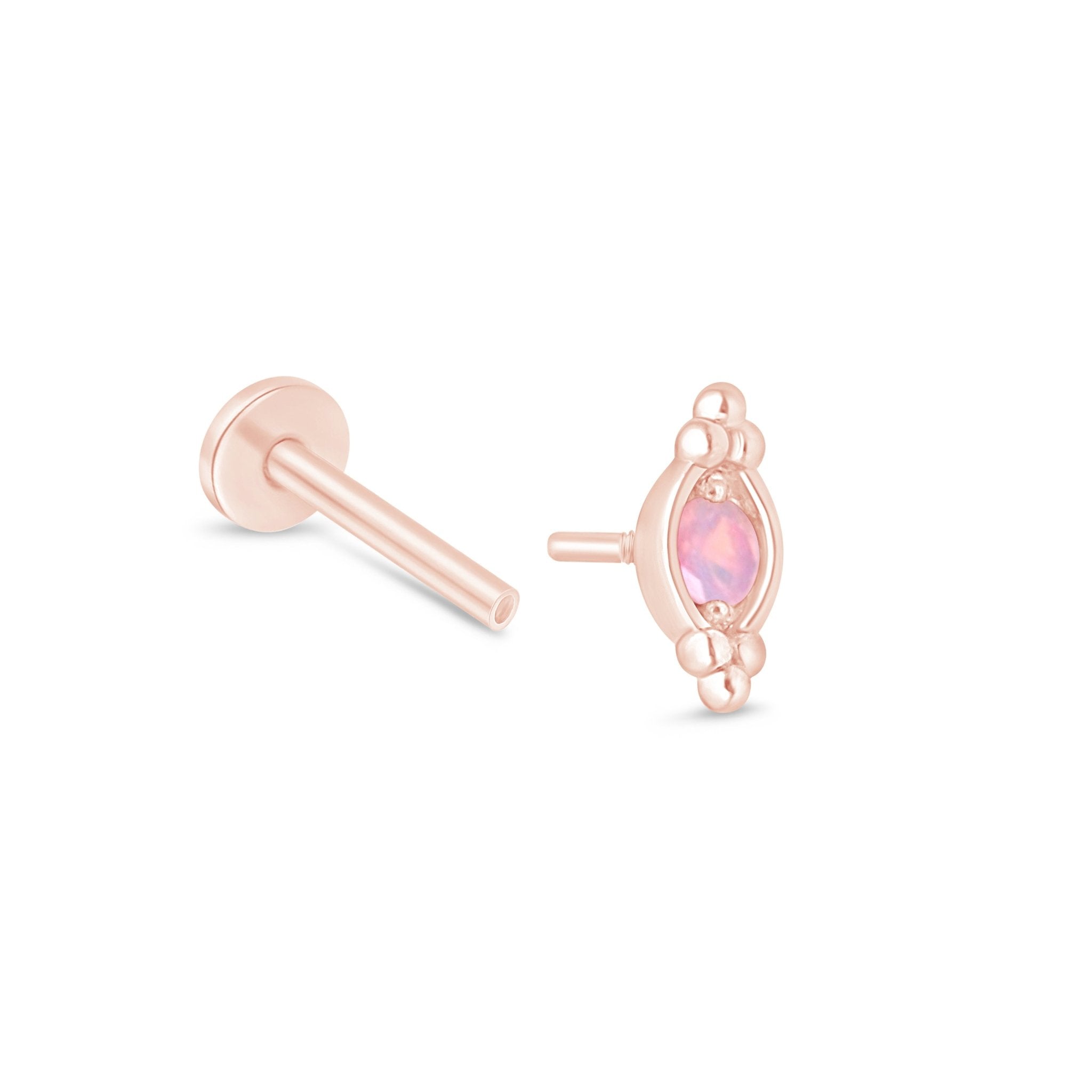 Beaded Marquise Opal Evil Eye Flat Back Stud in Solid 14k Rose Gold