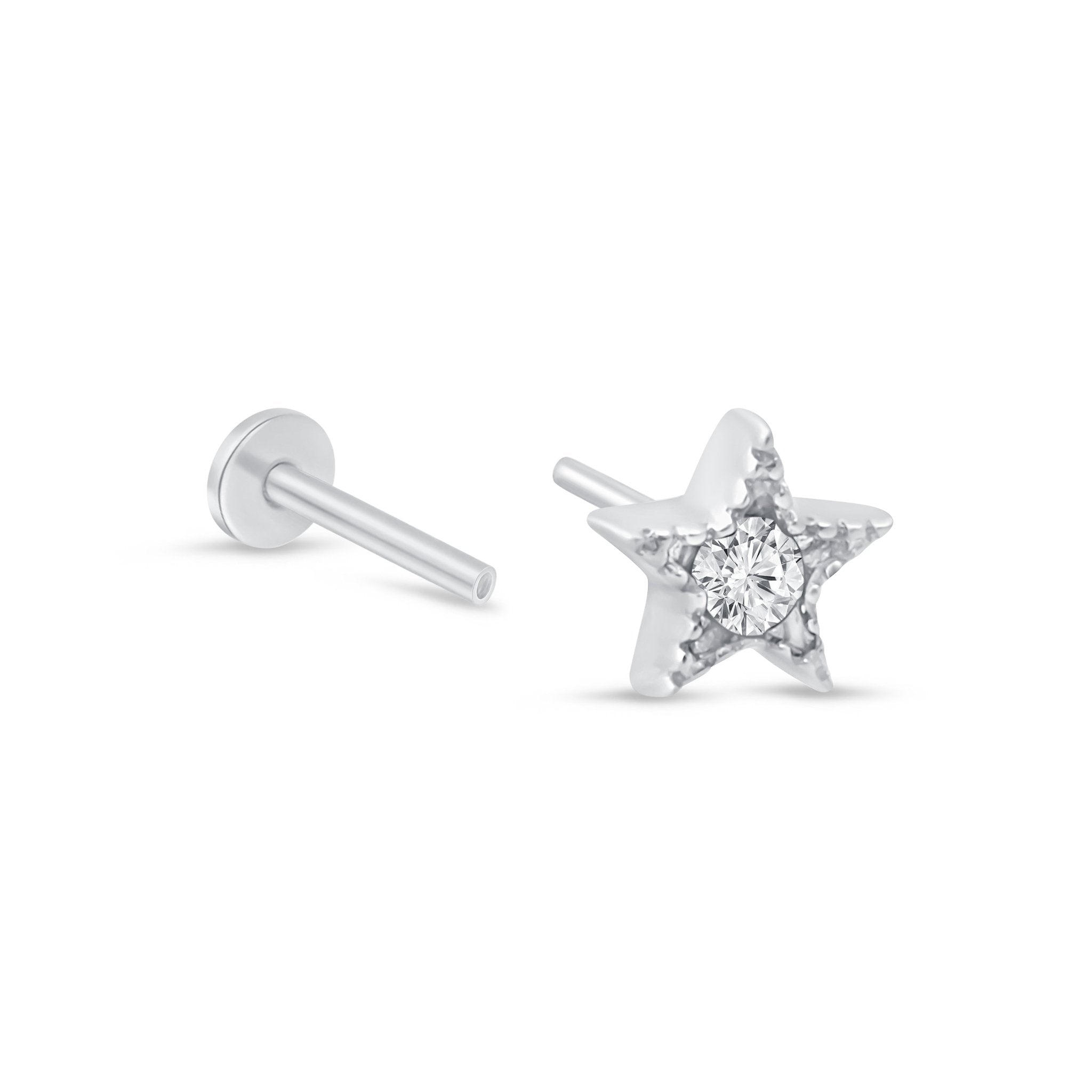 Gemstone Star Flat Back Stud Milgrain Set in Solid 14k White Gold