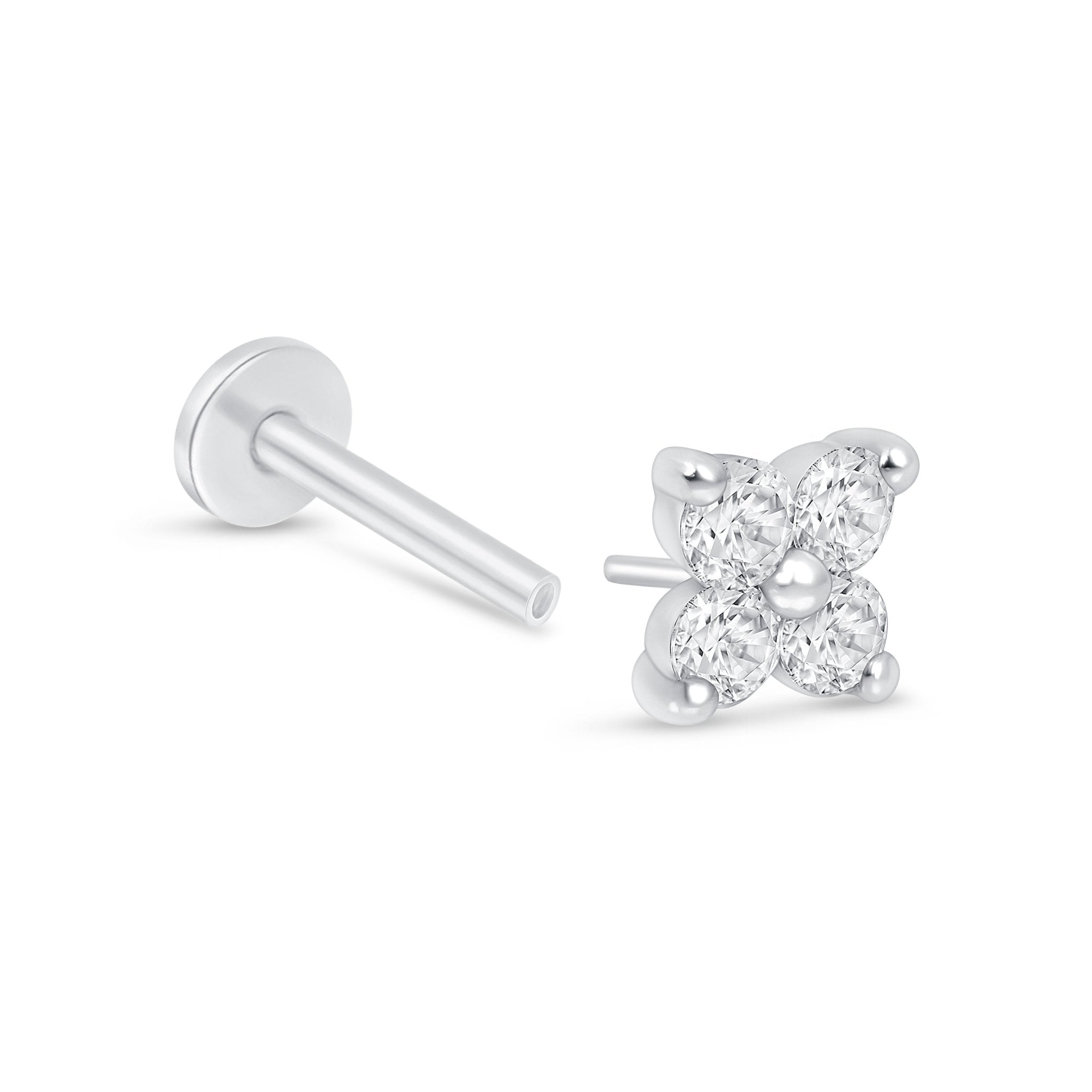 Diamond Four Petal Flower Flat Back Stud in Solid 14k White Gold