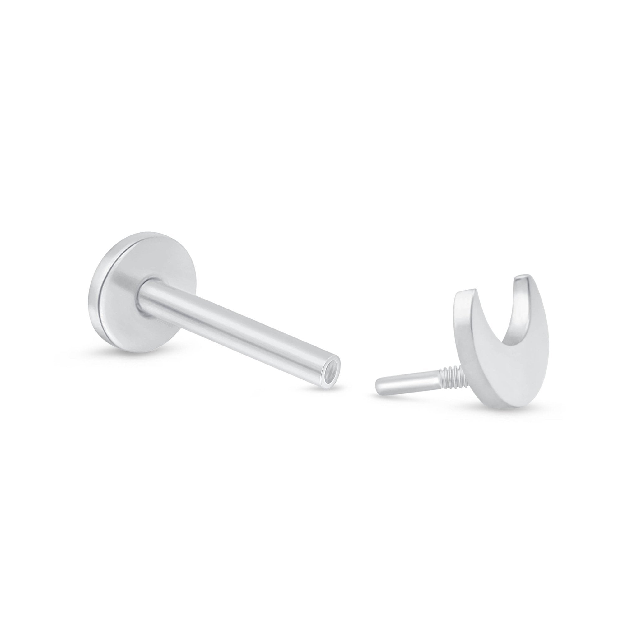 Crescent Moon Flat Back Stud in Solid 14k White Gold