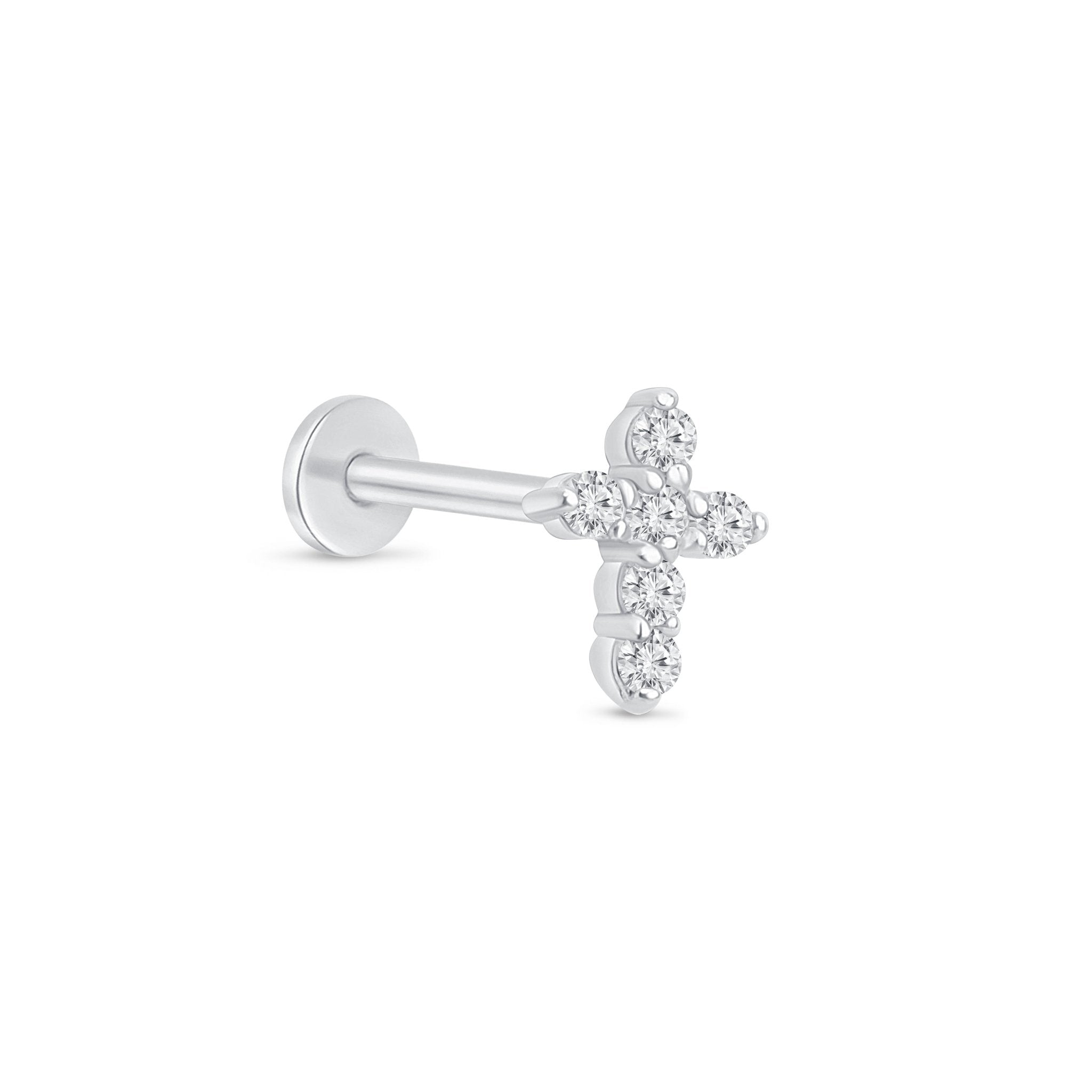 Diamond Pavé Studded Cross Flat Back Stud in Solid 14k White Gold