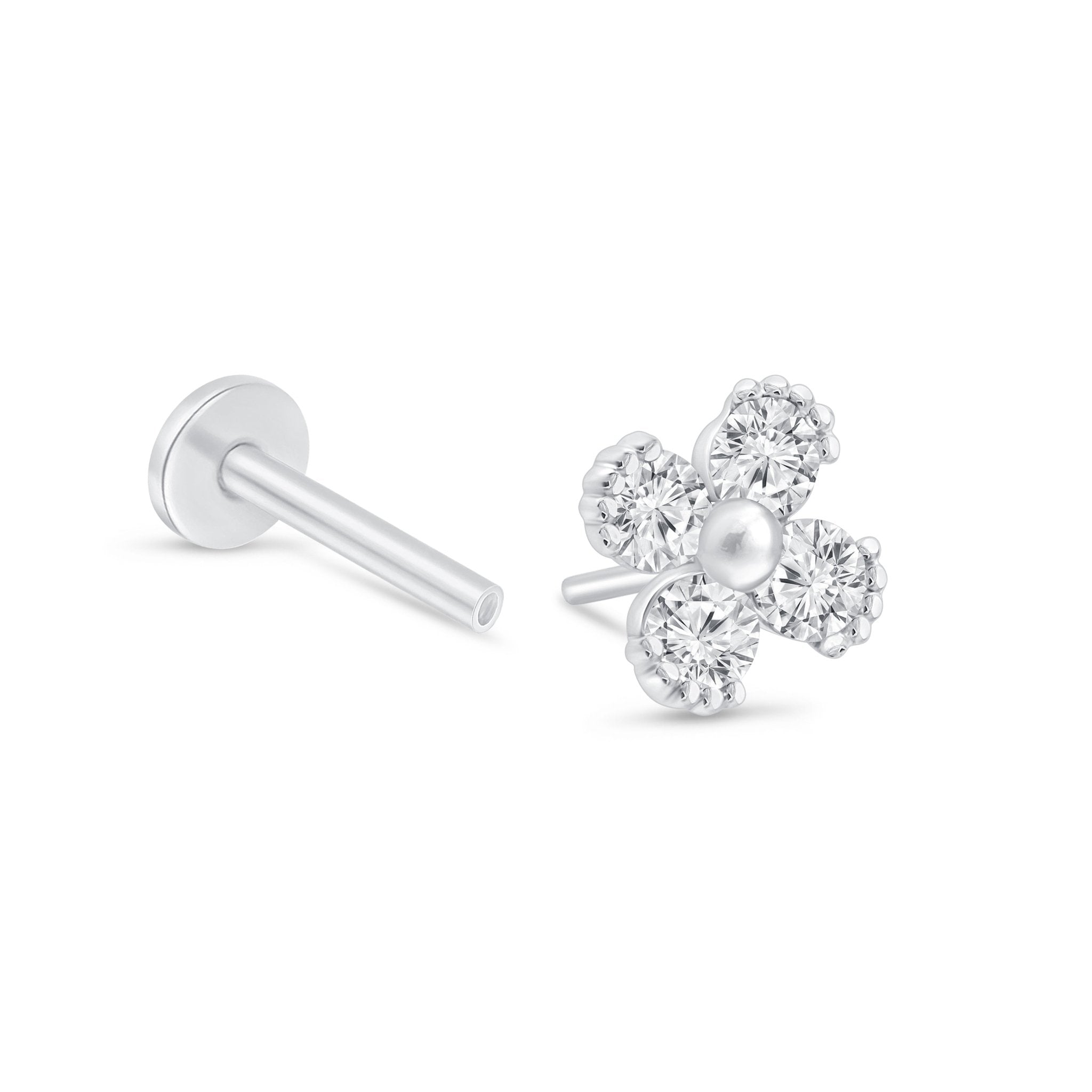 Beaded Four Petal Flower Diamond Flat Back Stud in Solid 14k White Gold