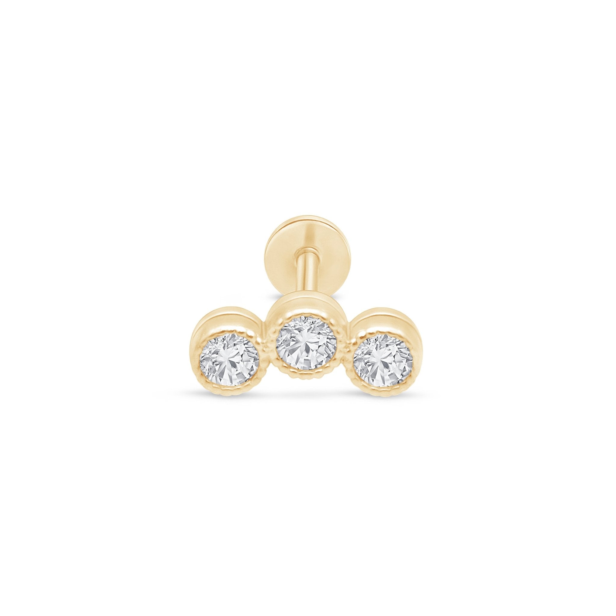 Triple Gemstone Milgrain Flat Back Stud in Solid 14k Yellow Gold