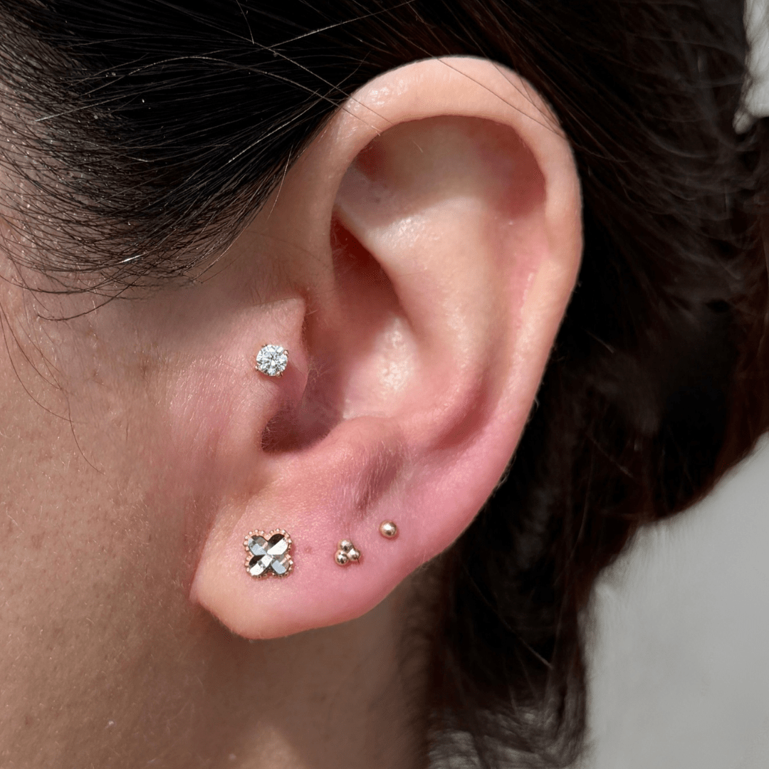 Diamond Cut Solid 14k Yellow Gold Clover Flat Back Stud