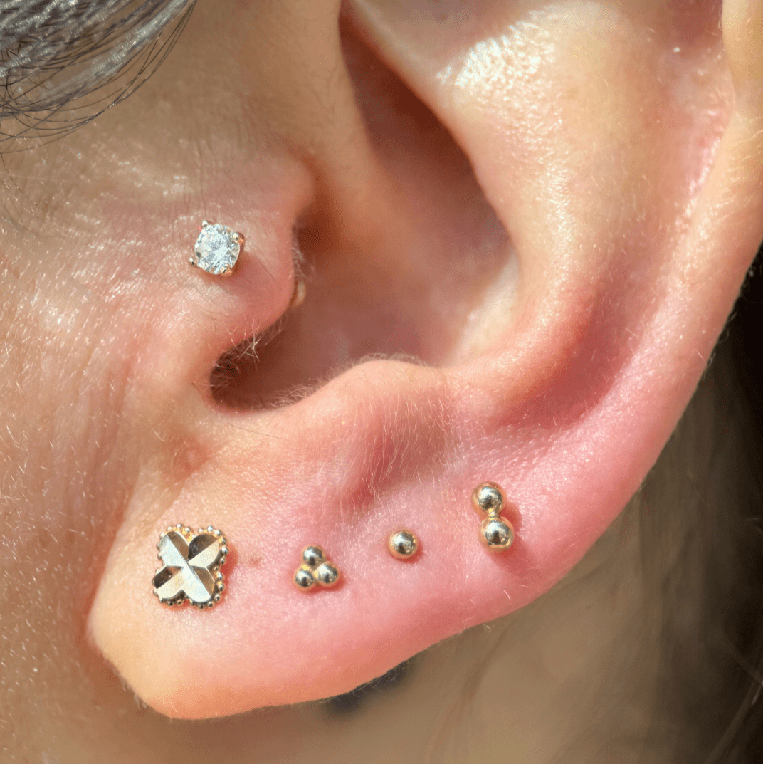 Diamond Cut Solid 14k Yellow Gold Clover Flat Back Stud