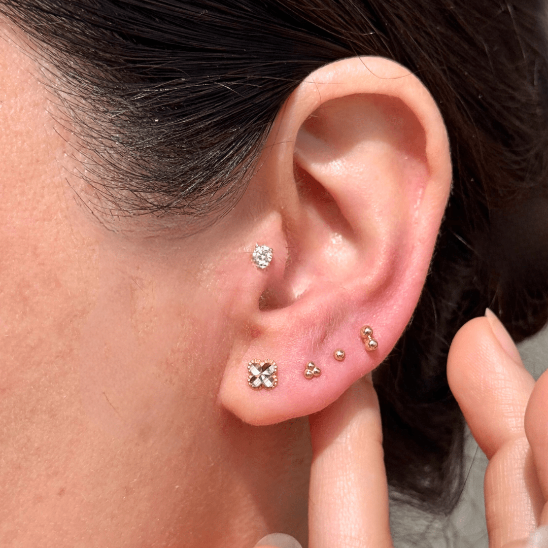 Diamond Cut Solid 14k Yellow Gold Clover Flat Back Stud