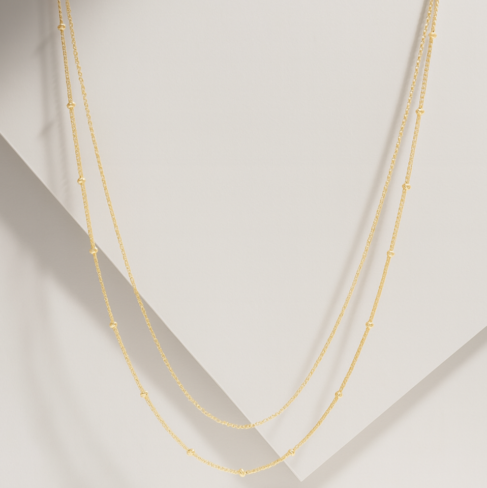 Beaded And Cuban Double Layer Chain Necklace in Solid 14k Yellow Gold