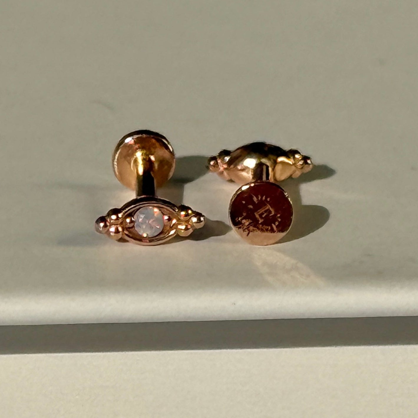 Beaded Marquise Diamond Evil Eye Flat Back Stud in Solid 14k Yellow Gold
